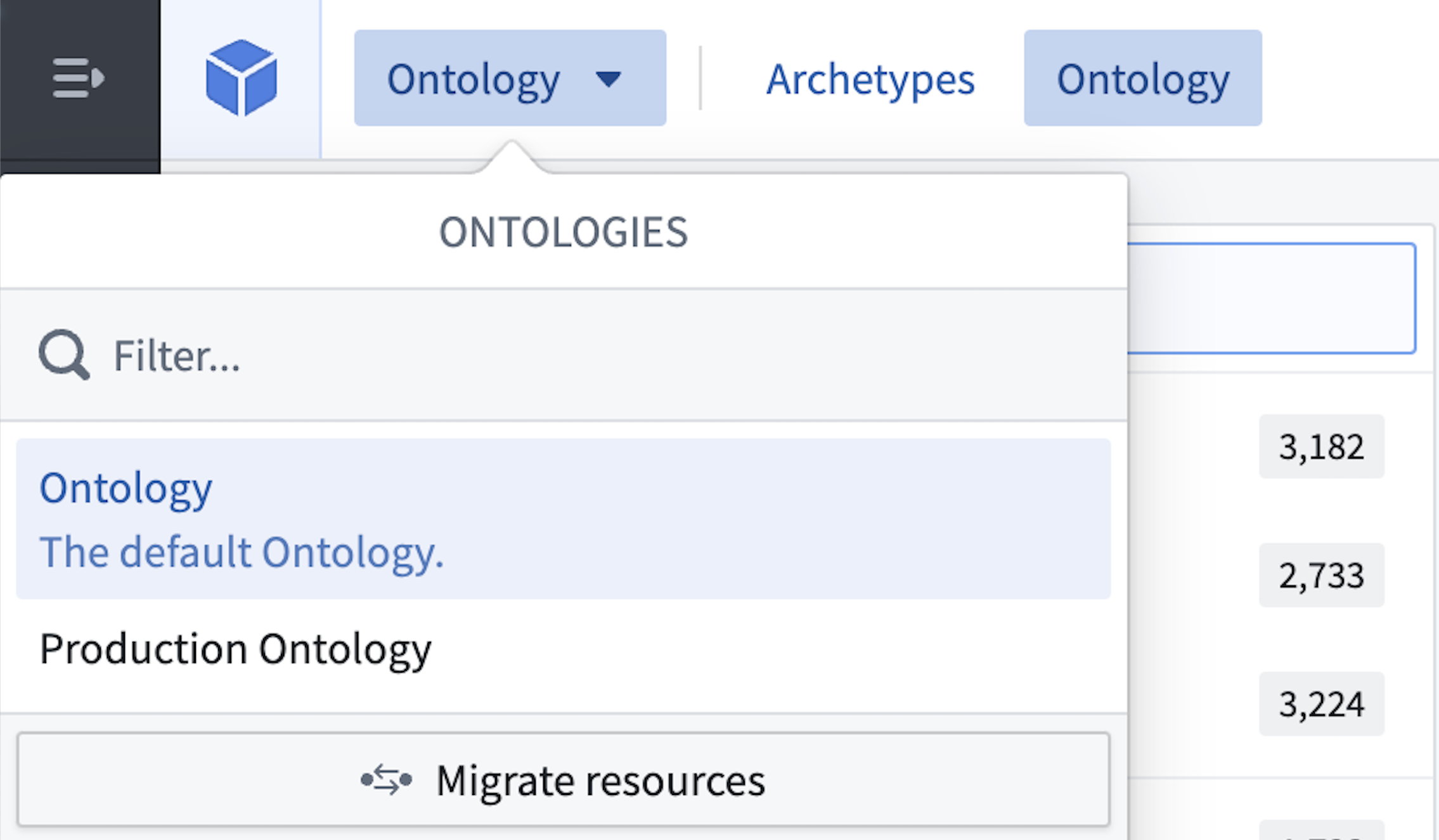 Screenshot of ontology selection dropdown menu.