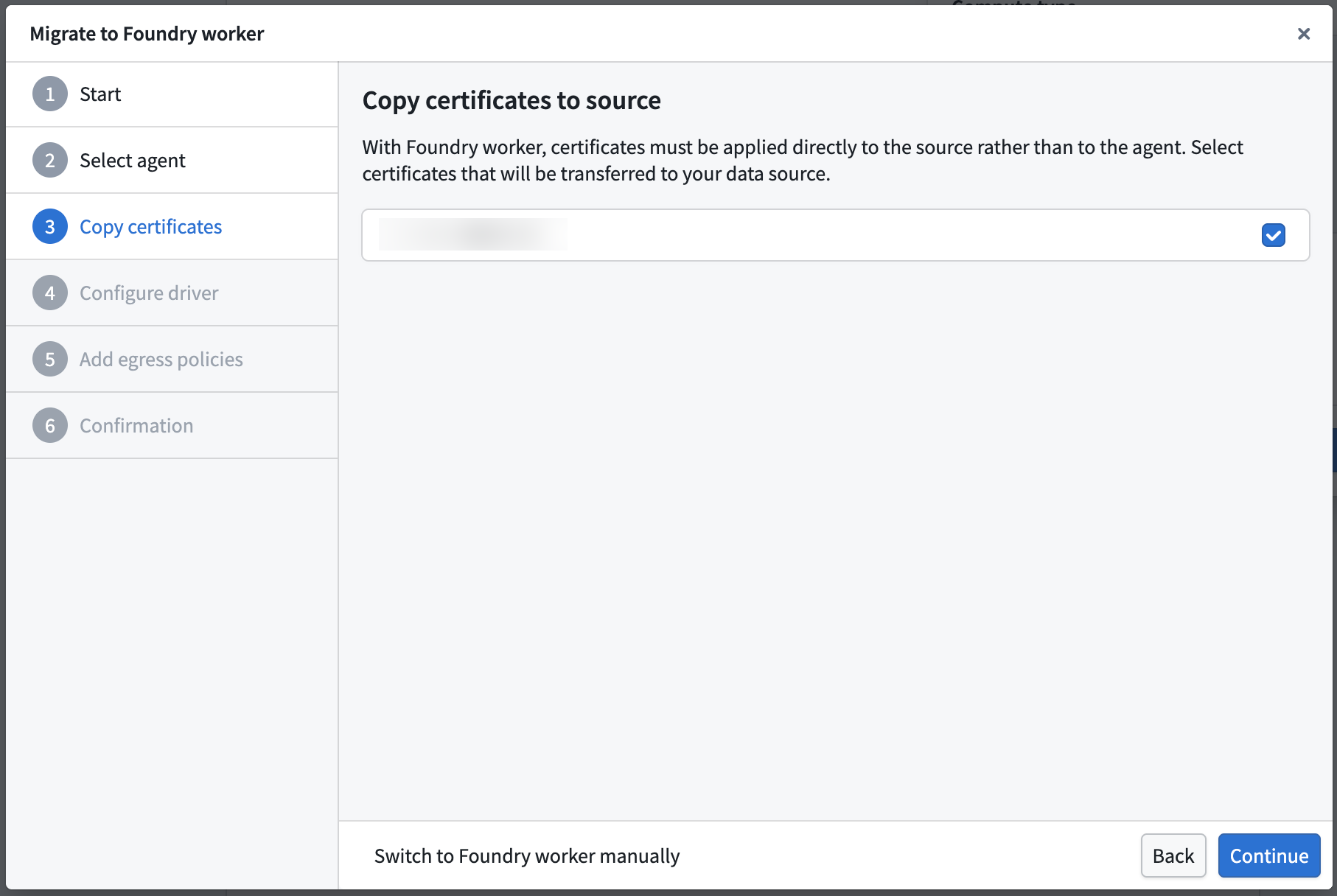 The copy certificates step of the migration wizard showing certificates available for transfer.