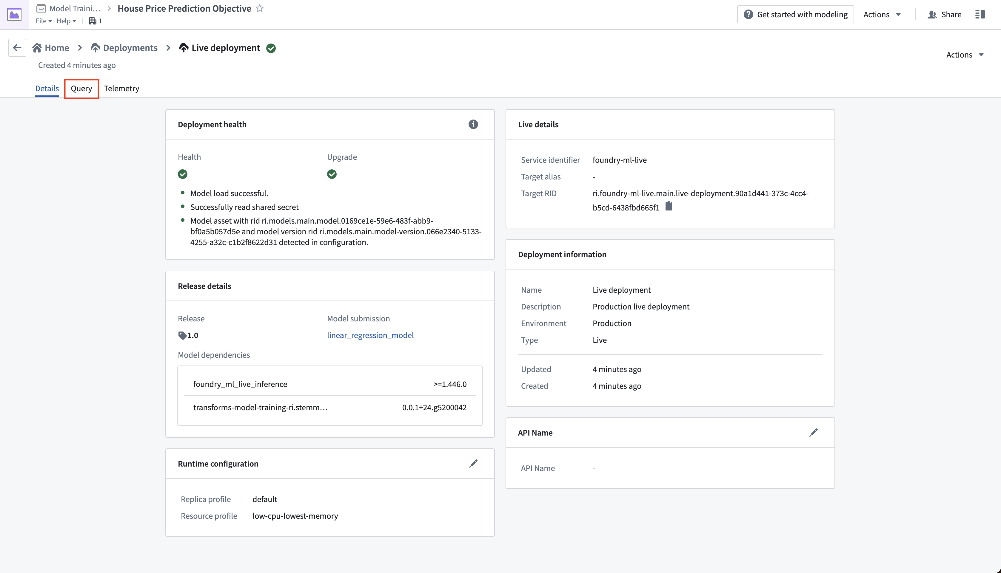 Open the query tab in live deployment in a modeling objective