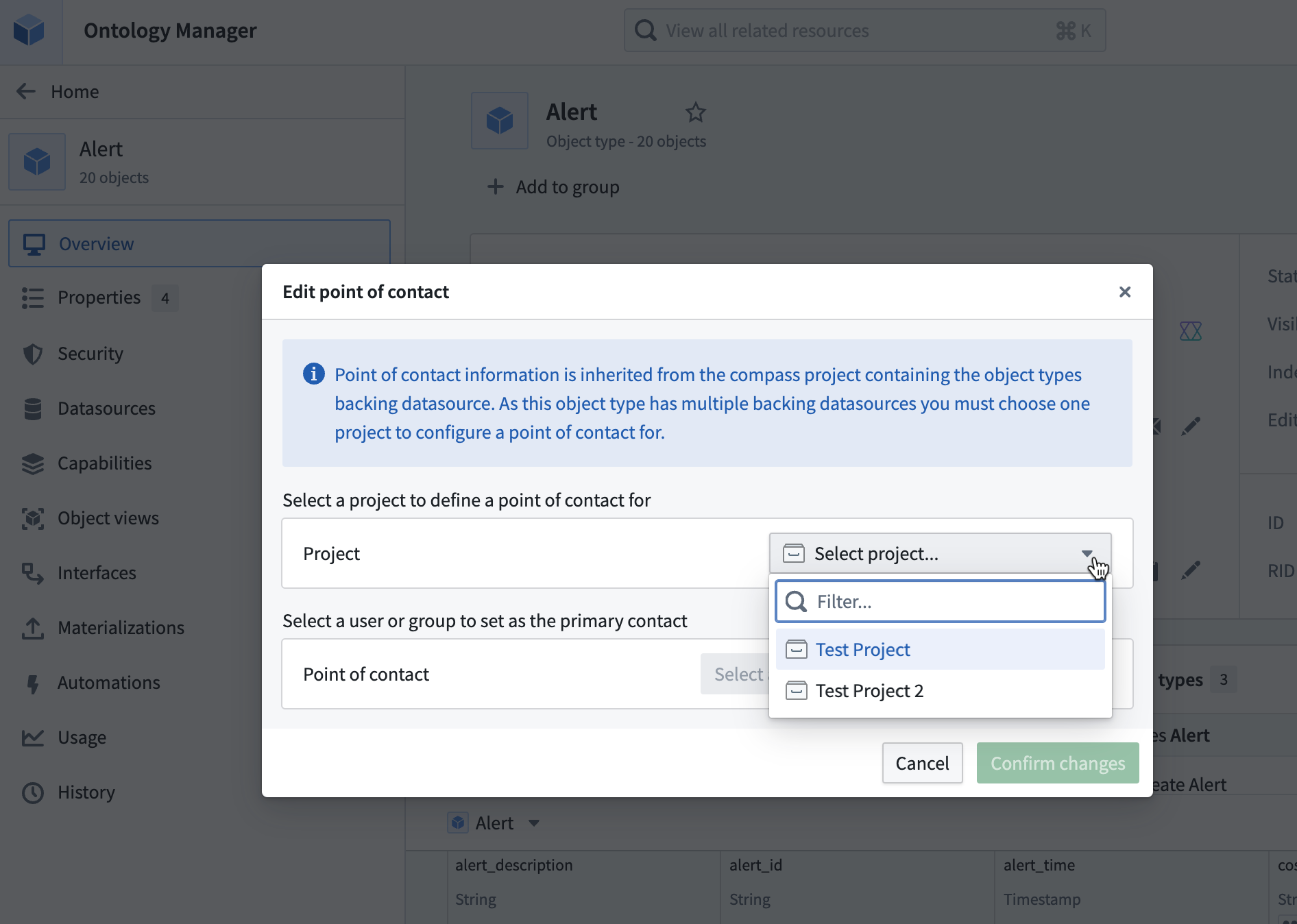 The Edit Point of Contact dialog in Ontology Manager where you can set a primary contact for each Project that contains a data source for a given object type. 