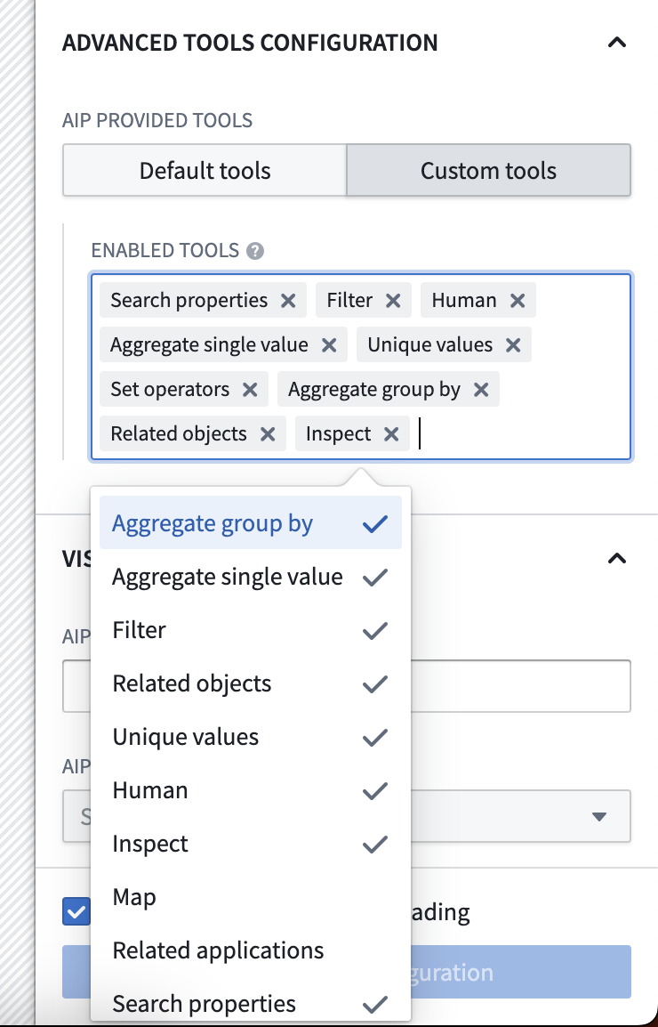AIP Chatbot widget advanced tools configuration panel.
