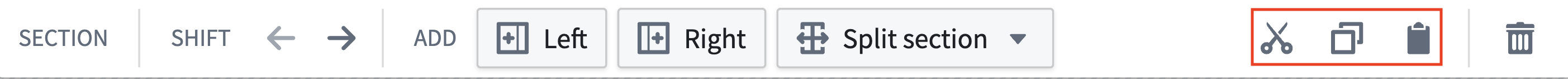 The cut, copy, and paste options for a section or widget are highlighted.