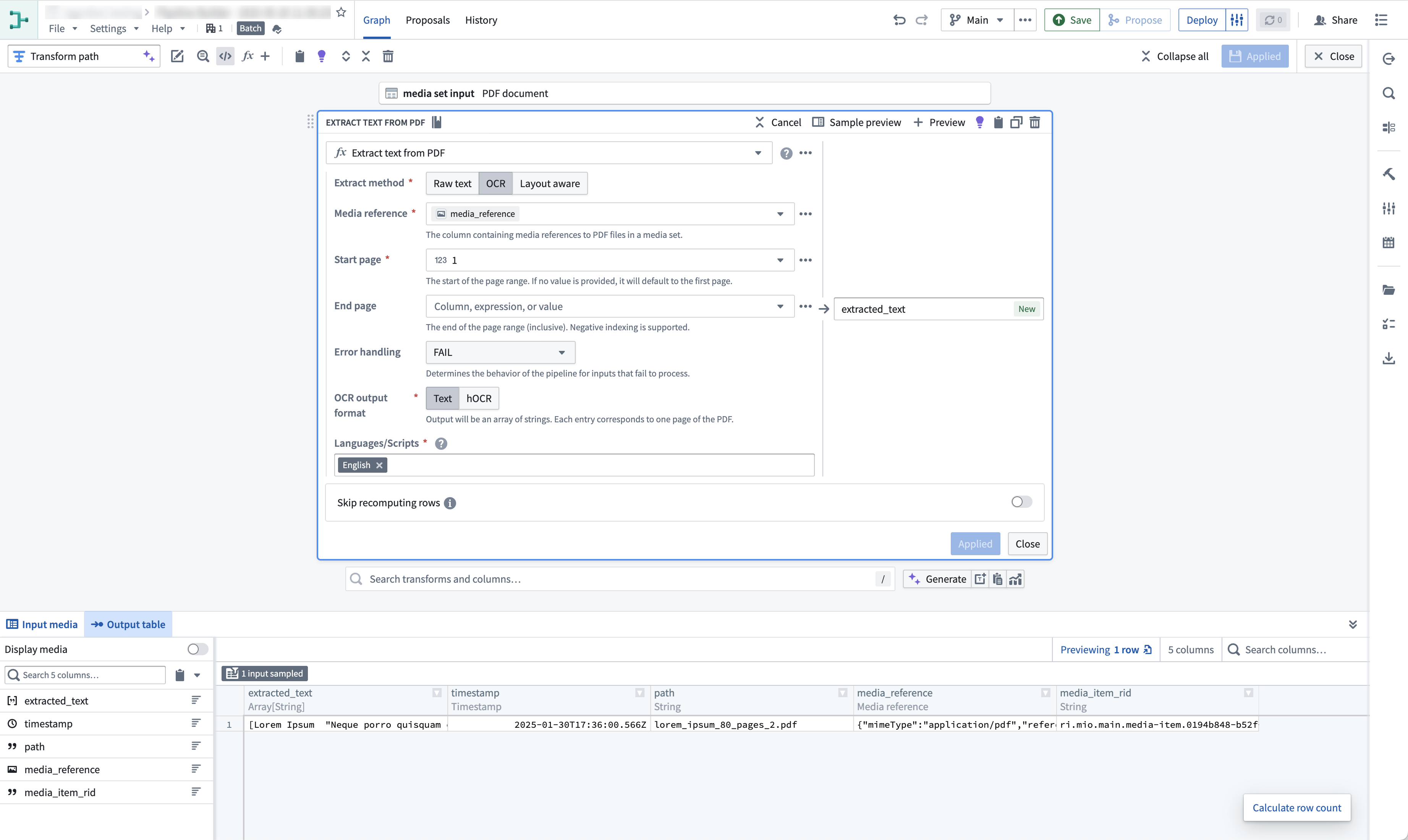 Text extraction on pipeline builder