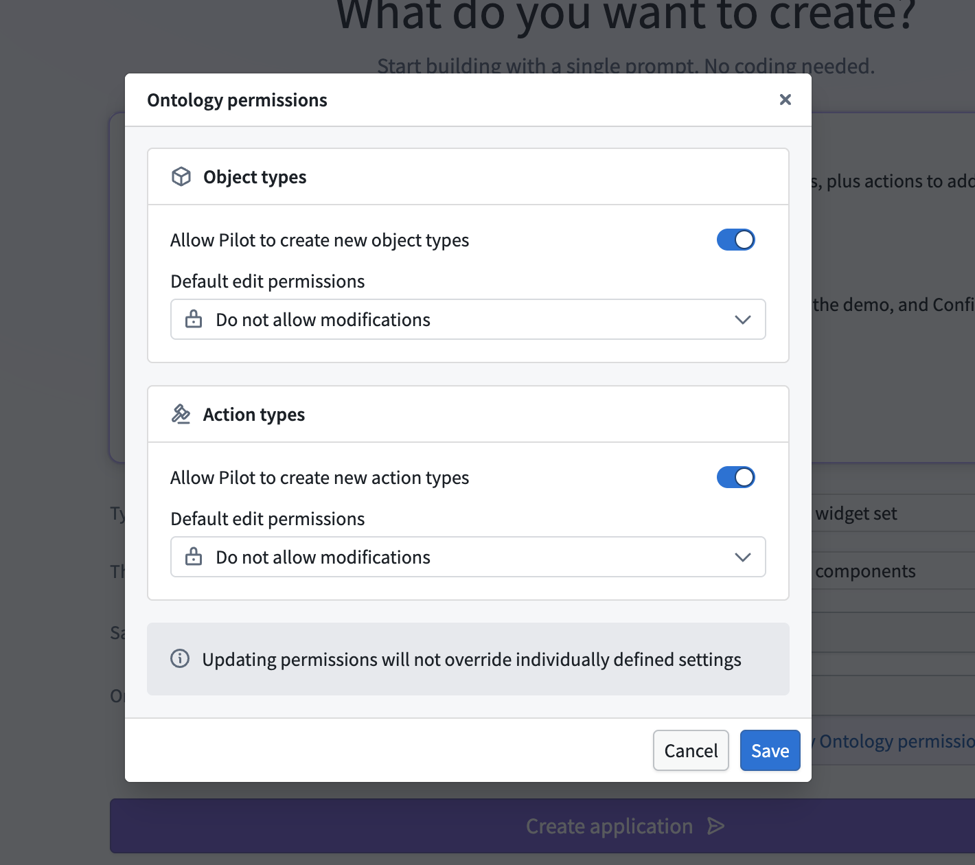 The Ontology permissions dialog allows new object and action types while prohibiting modifications to existing definitions.