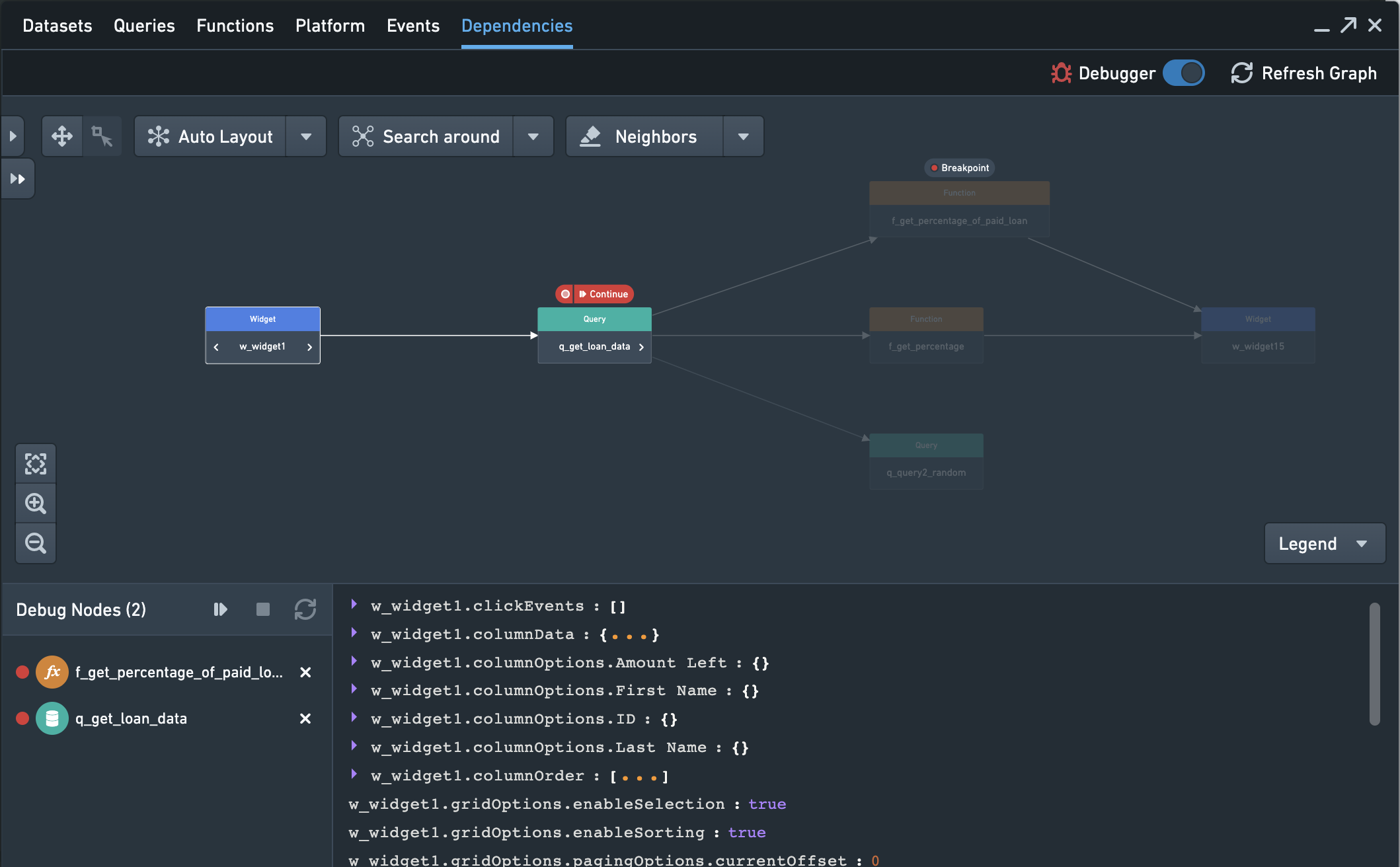Slate dependency graph panel with the debugger active in the bottom panel.