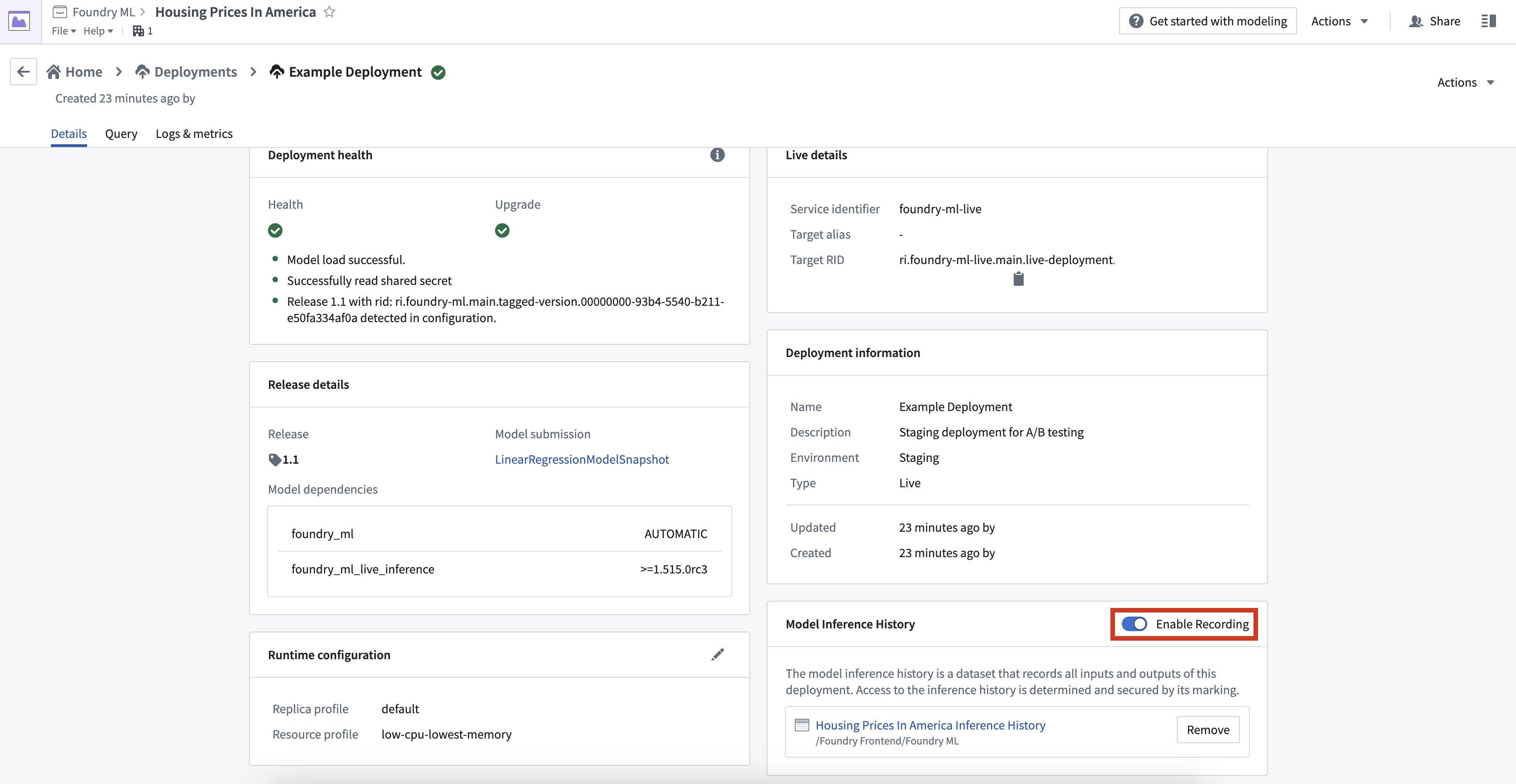 enable model inference history recording toggle