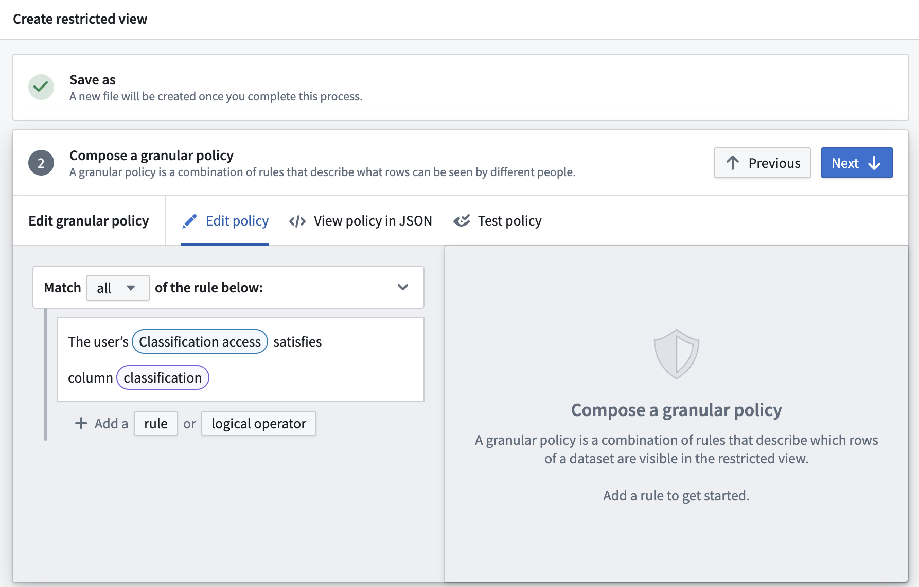 An example restricted view policy is displayed.