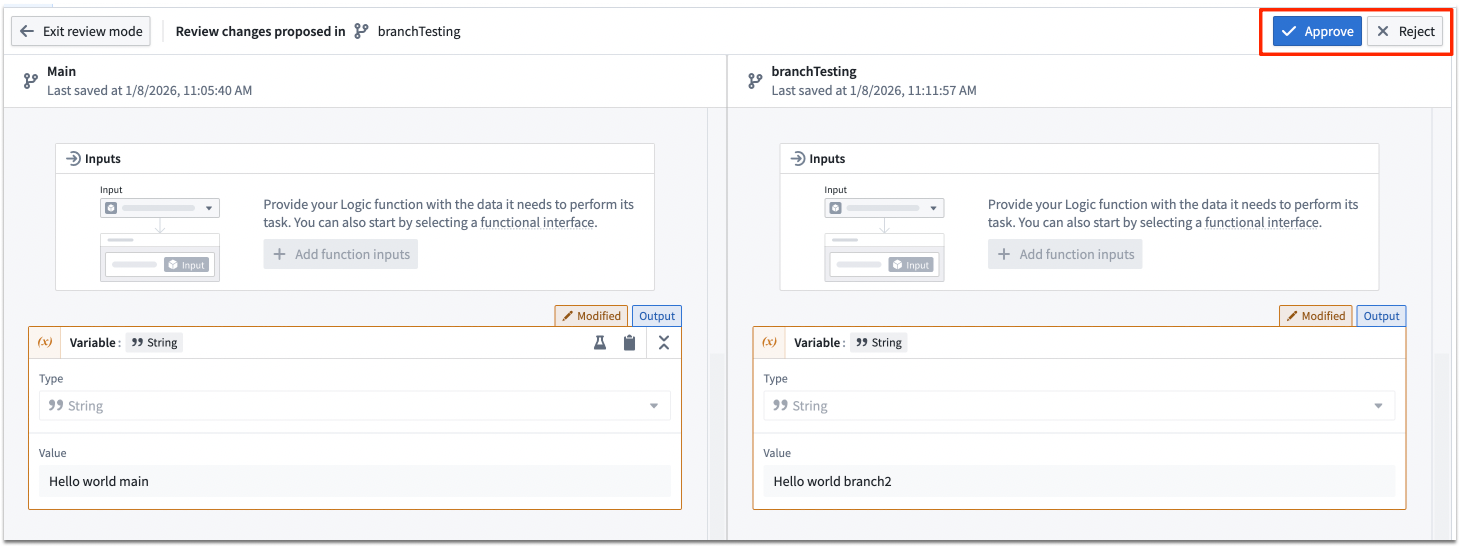 Logic file review interface allowing the reviewer to approve or reject the proposed change.