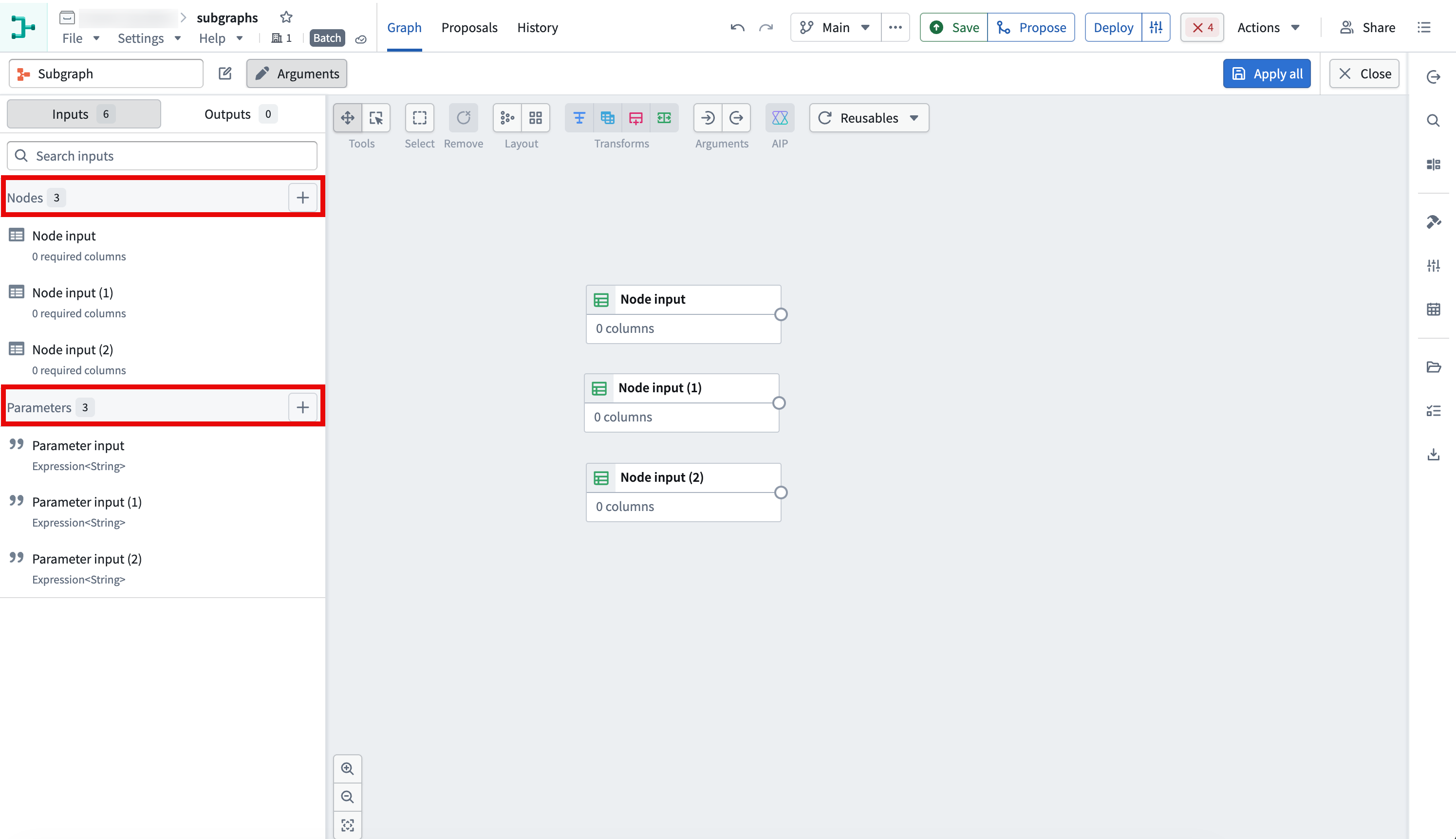 The subgraph inputs panel shows the Nodes and Parameters sections highlighted.