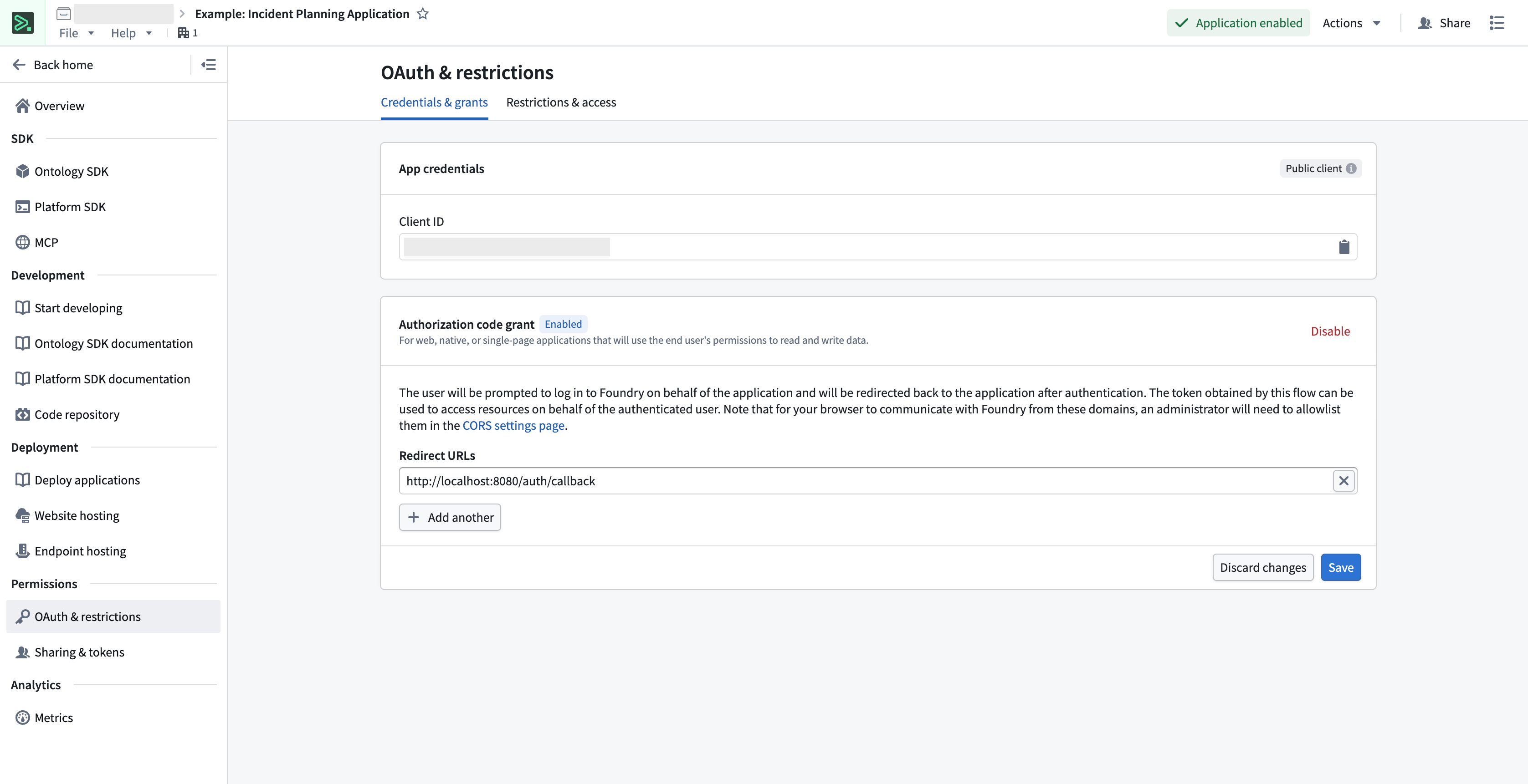 The OAuth and restrictions page displays authentication and resource configuration.