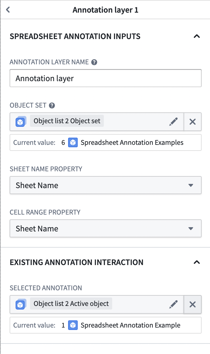 An example of an annotation layer configuration for the Spreadsheet Display widget.