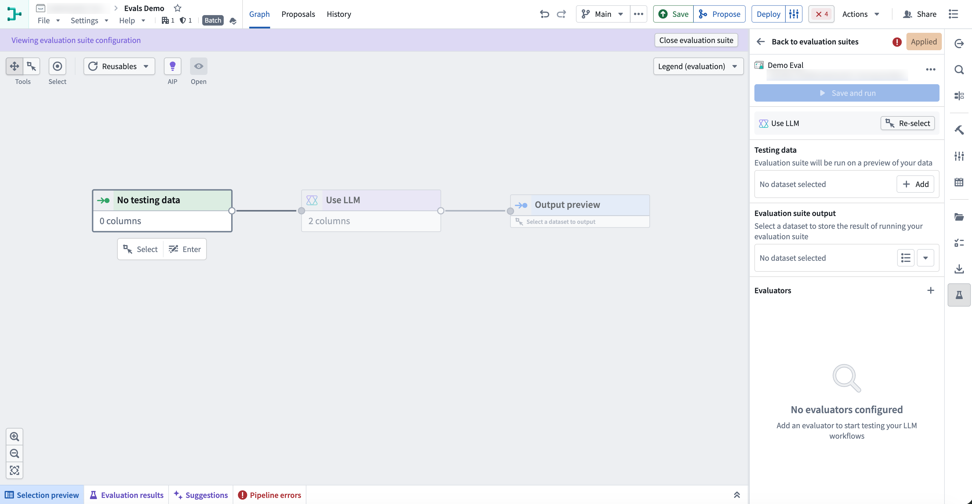 The evaluation suite configuration view displays the testing data, output, and evaluators fields.