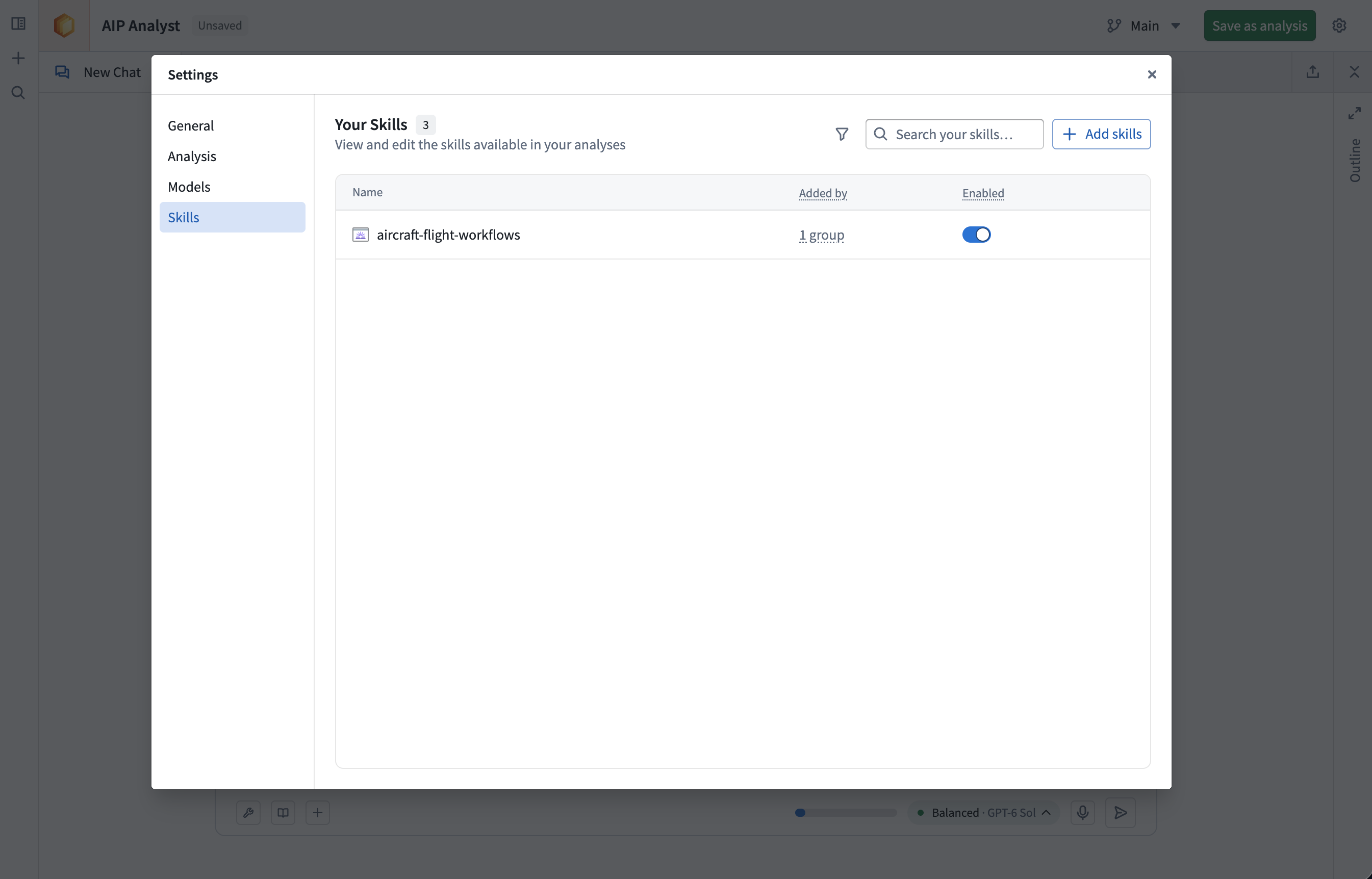 The Skills settings show a skill added by the user and inherited from a group.