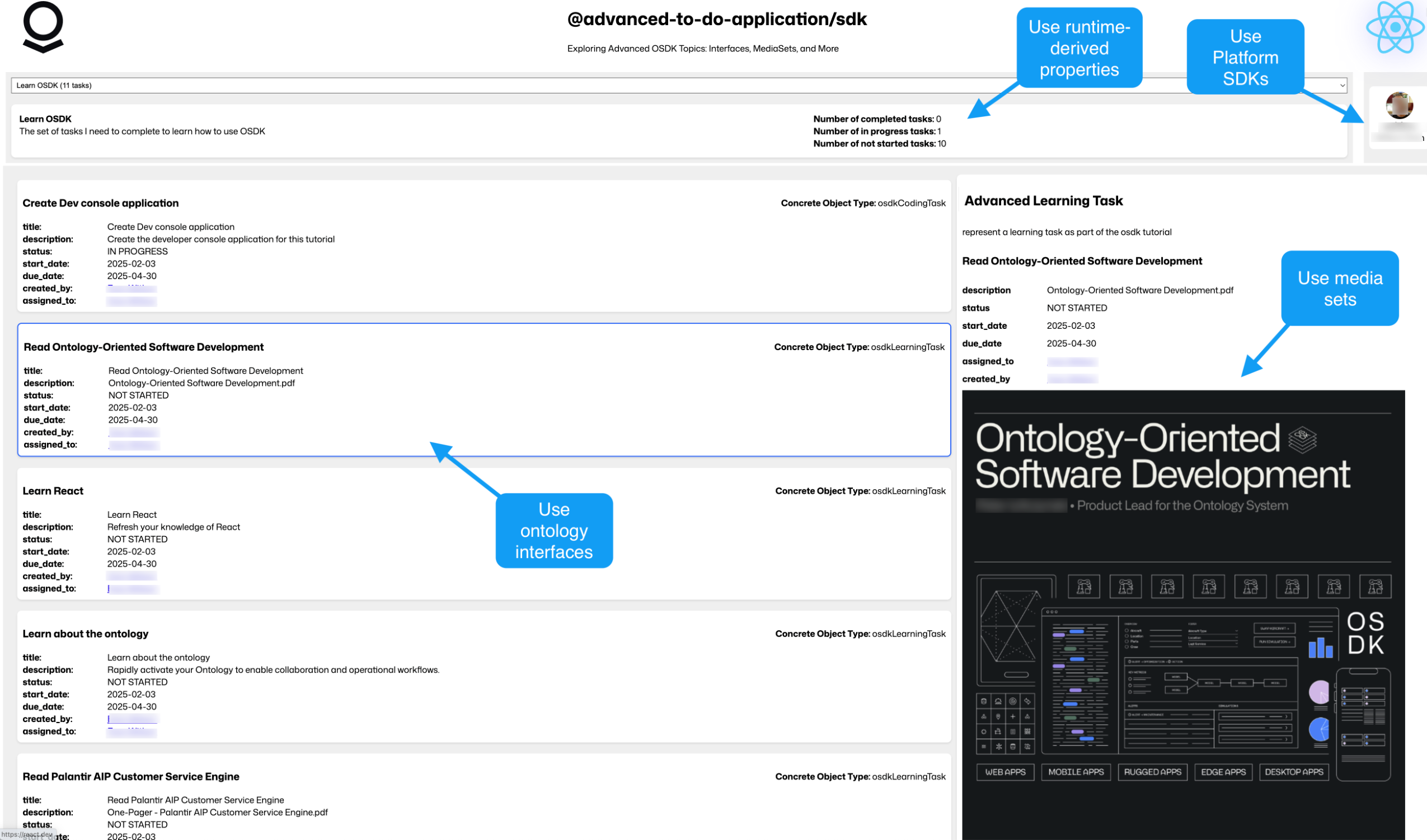 The advanced to-do application, with annotations where advanced OSDK features are used.