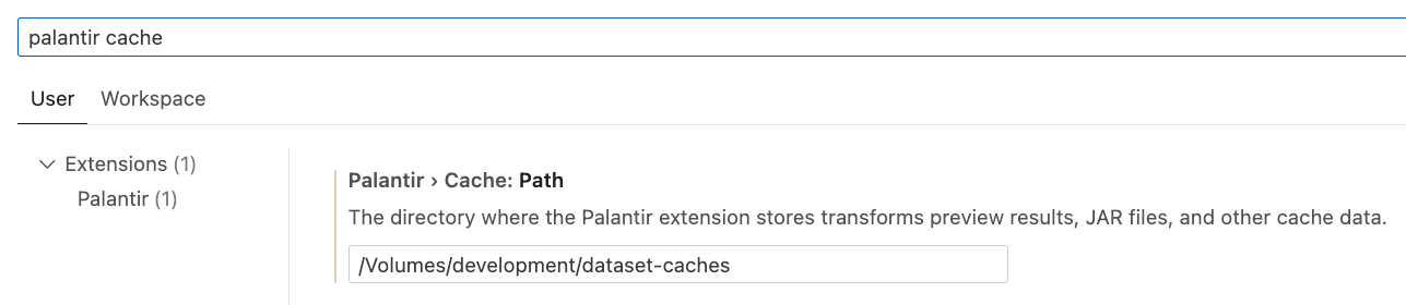 Palantir cache settings inside the VS Code settings page.