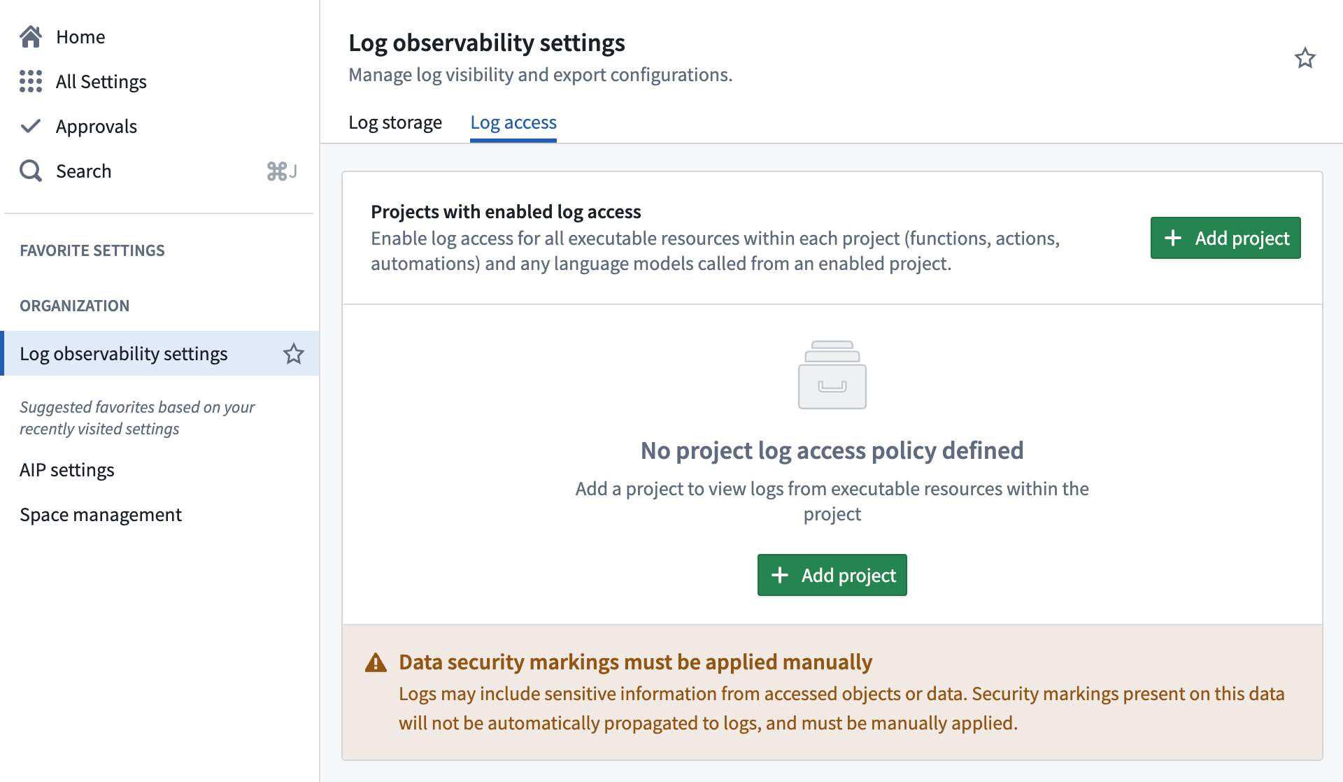 The log access tab displaying projects with enabled log reading permissions.