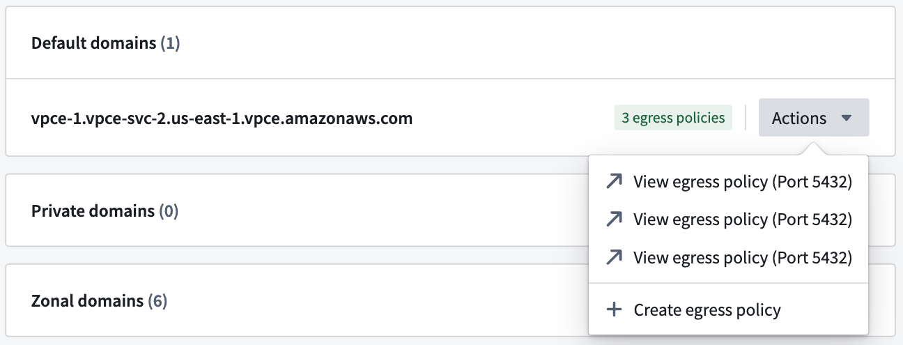 The Control Panel display of default, private and zonal domains in the network egress policy settings in a private link.