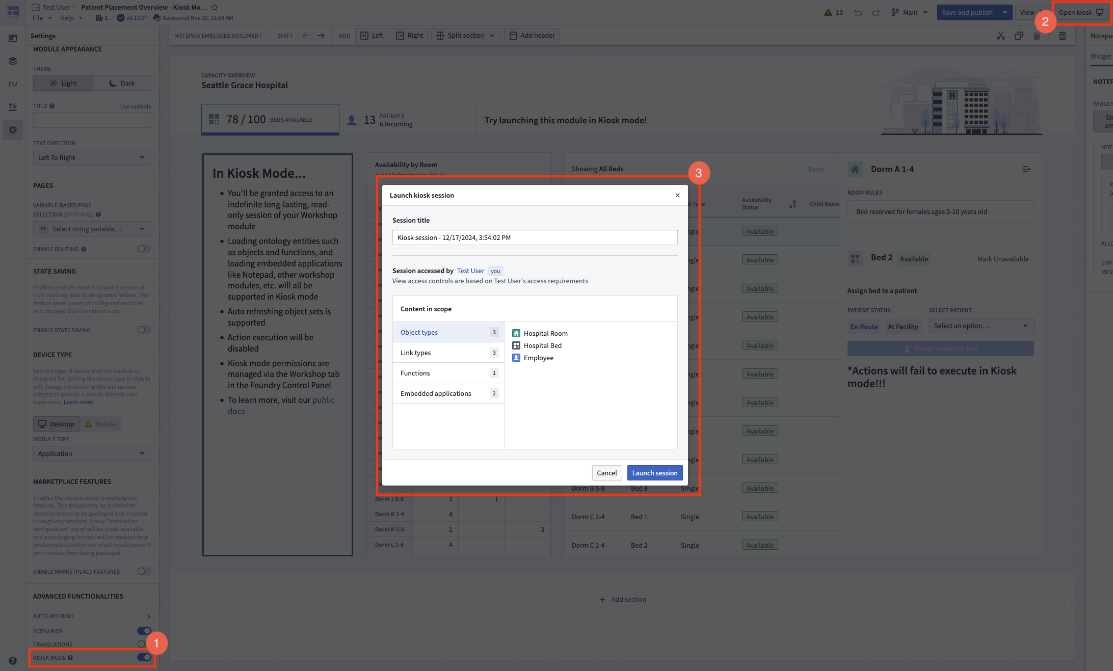 Kiosk mode toggle, launch modal, and button in edit mode