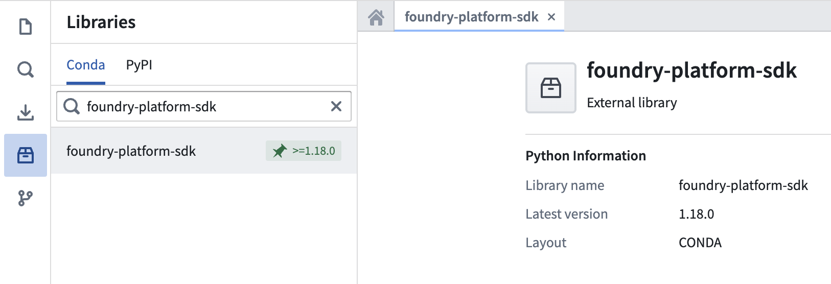 The Libraries search panel, searching for the Python platform SDK.