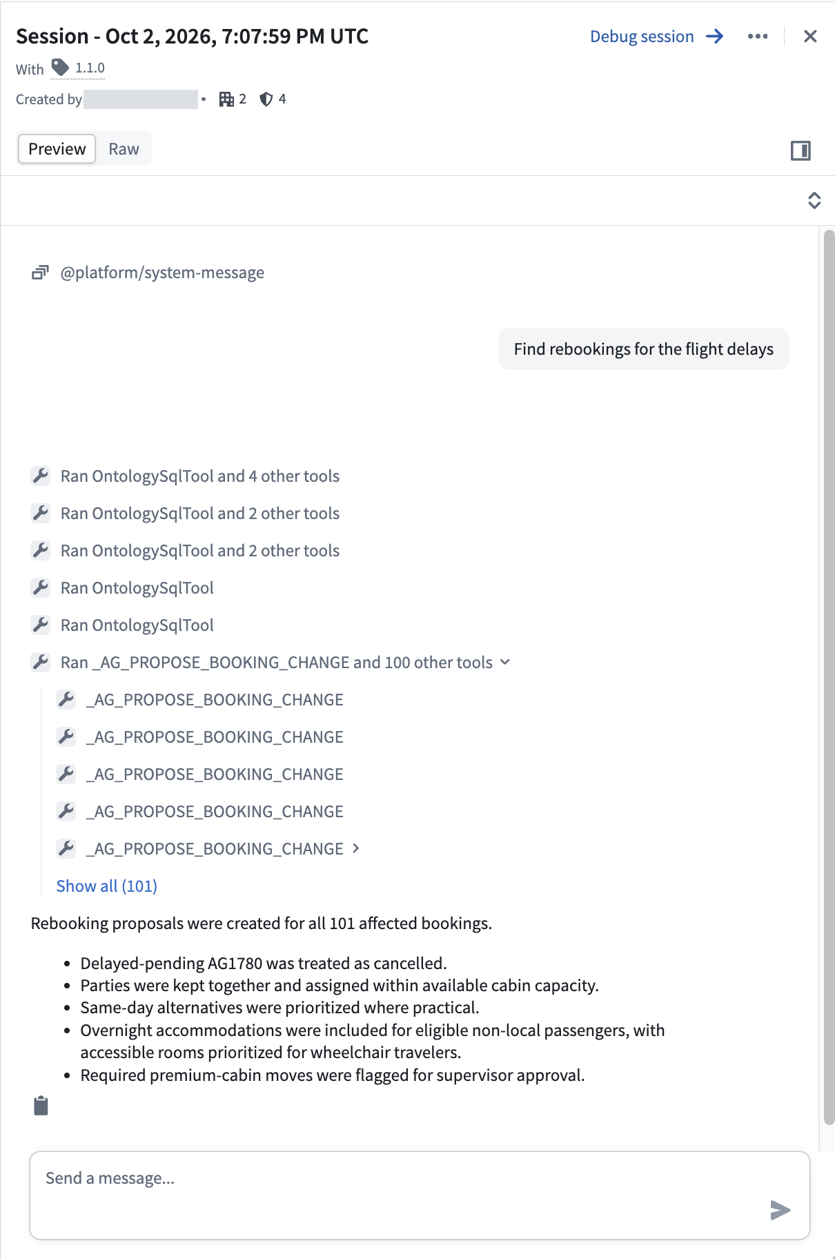 An agent session shows the user's task, tool calls, the completed response, and a field for further input.
