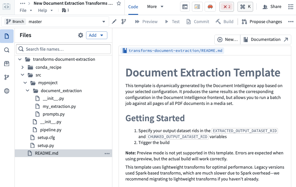 A Python transform repository, preconfigured with an AIP Document Intelligence template.