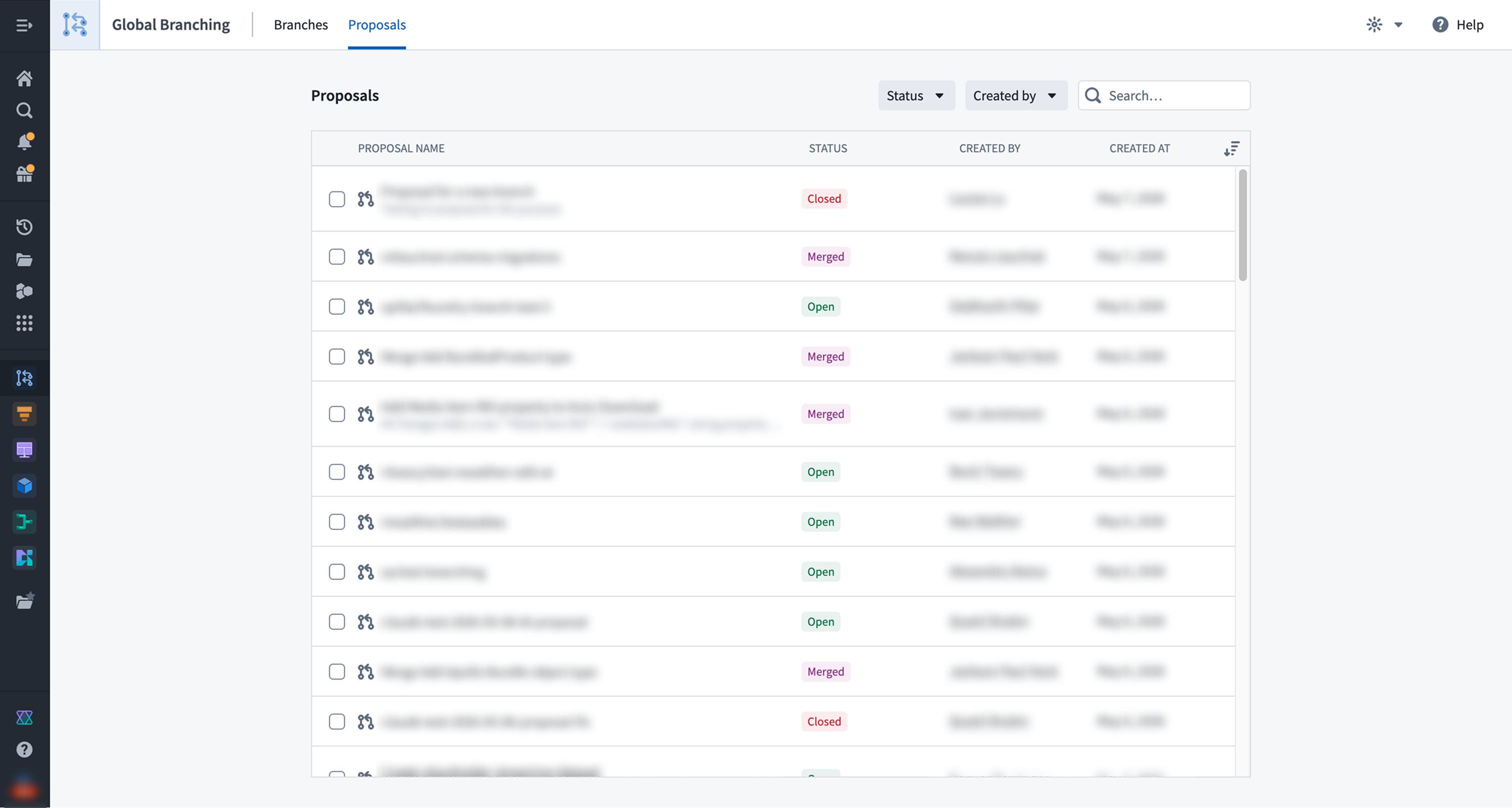 Global Branching app proposals tab.