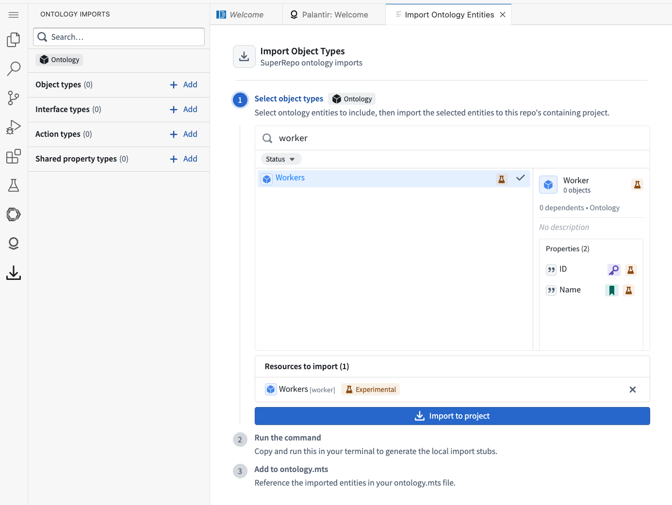 The import wizard showing a Worker object type selected for import.