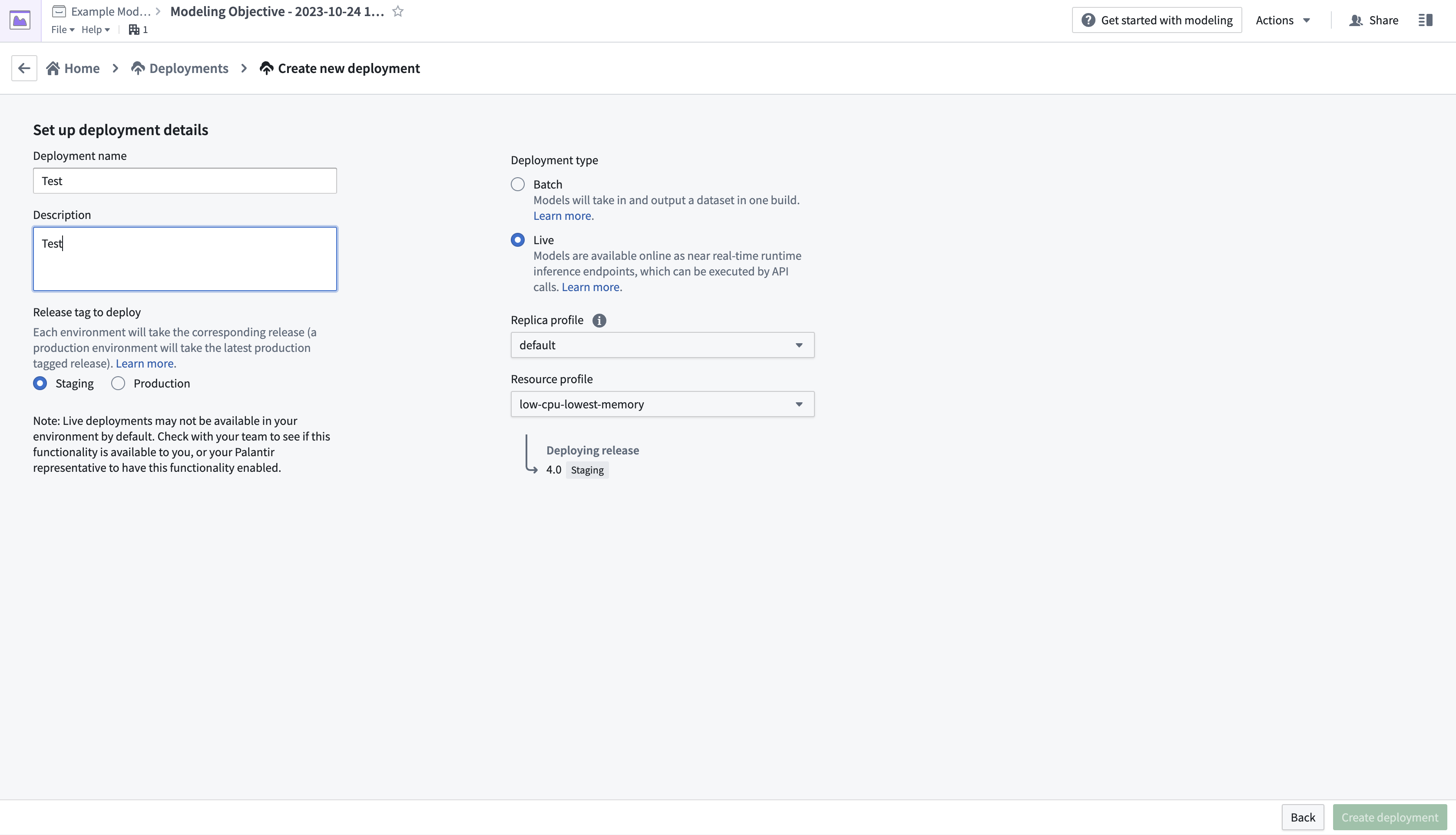 The Create a new deployment page, with options for setting up a new model deployment.