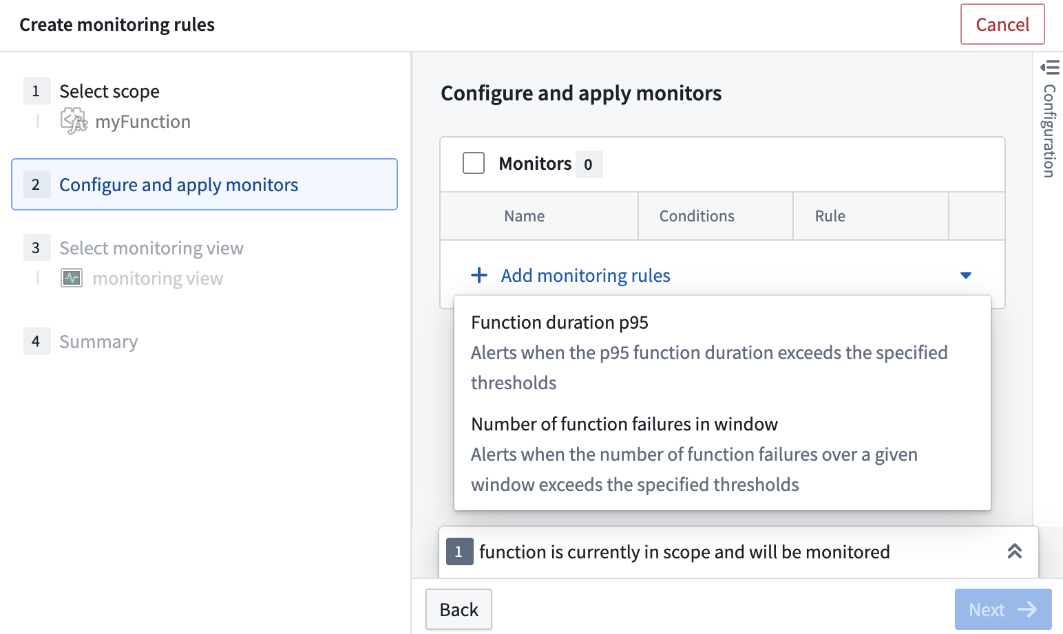 The monitoring rules dialog to configure a function monitor.