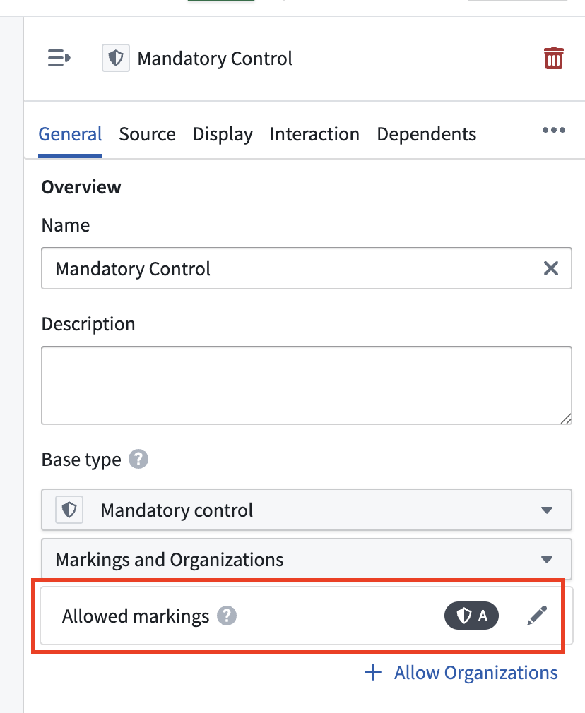 An example of an object type property of type mandatory control.
