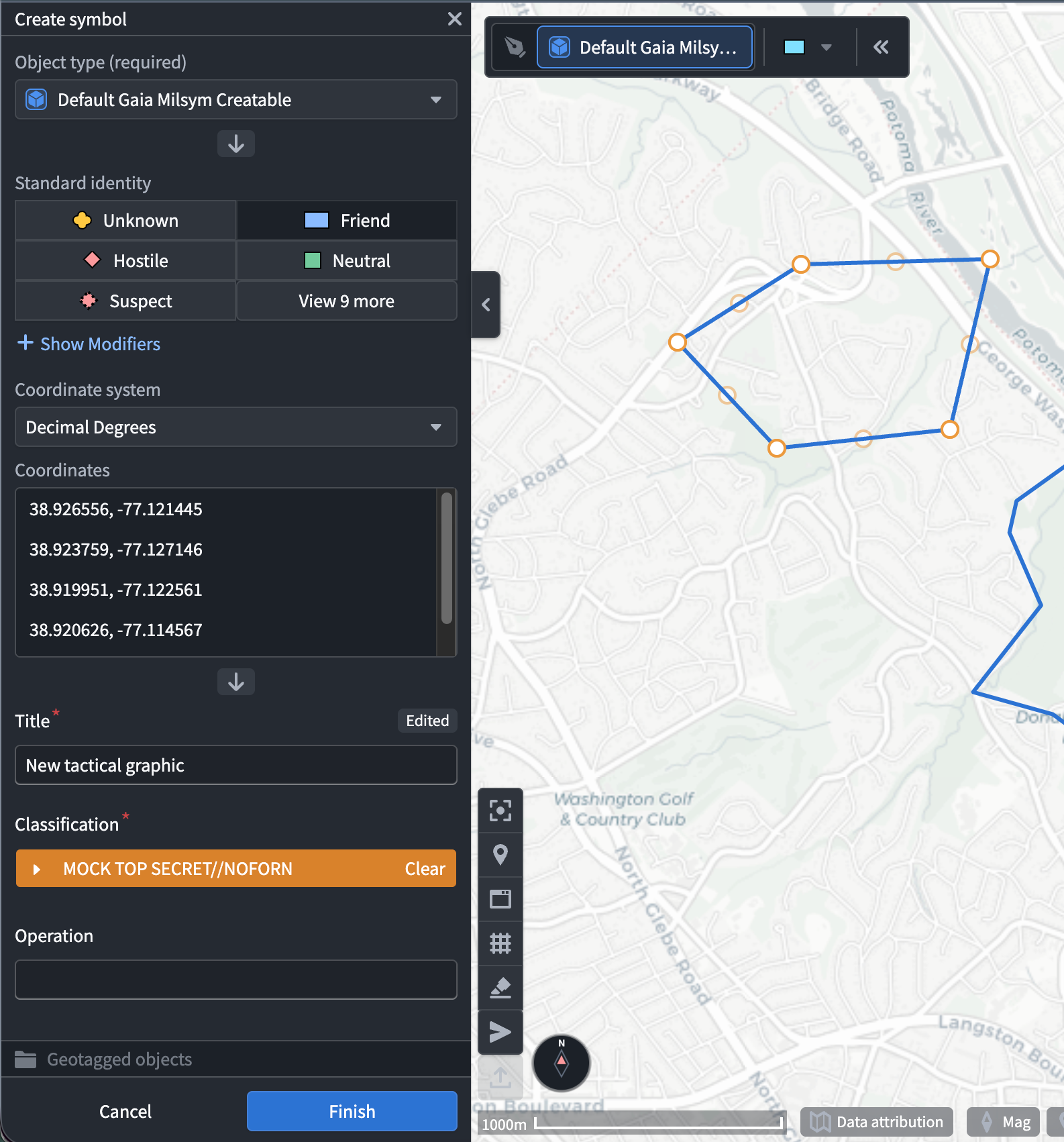 A Gaia map displays a tactical graphic drawn and saved on a map canvas.