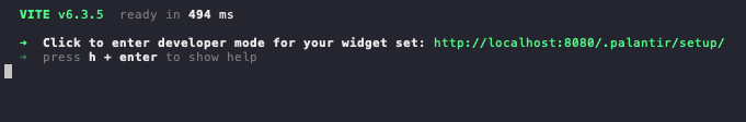 The npm run dev command and dev mode setup link in the terminal.