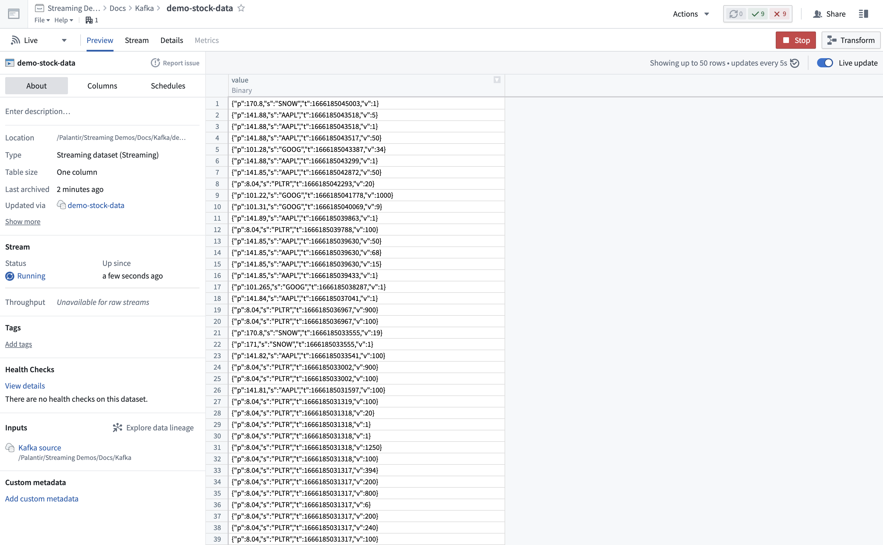 View stream output