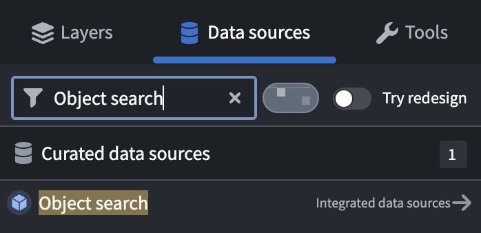 The Data sources tab in Gaia's left panel displays Object search as an indicator of MRS installation.