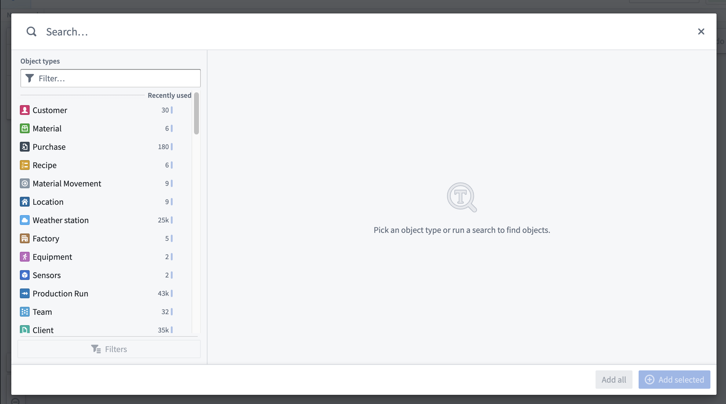 A screenshot of the new object search experience