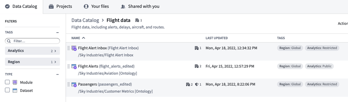 Example of tagged data in Data Catalog.