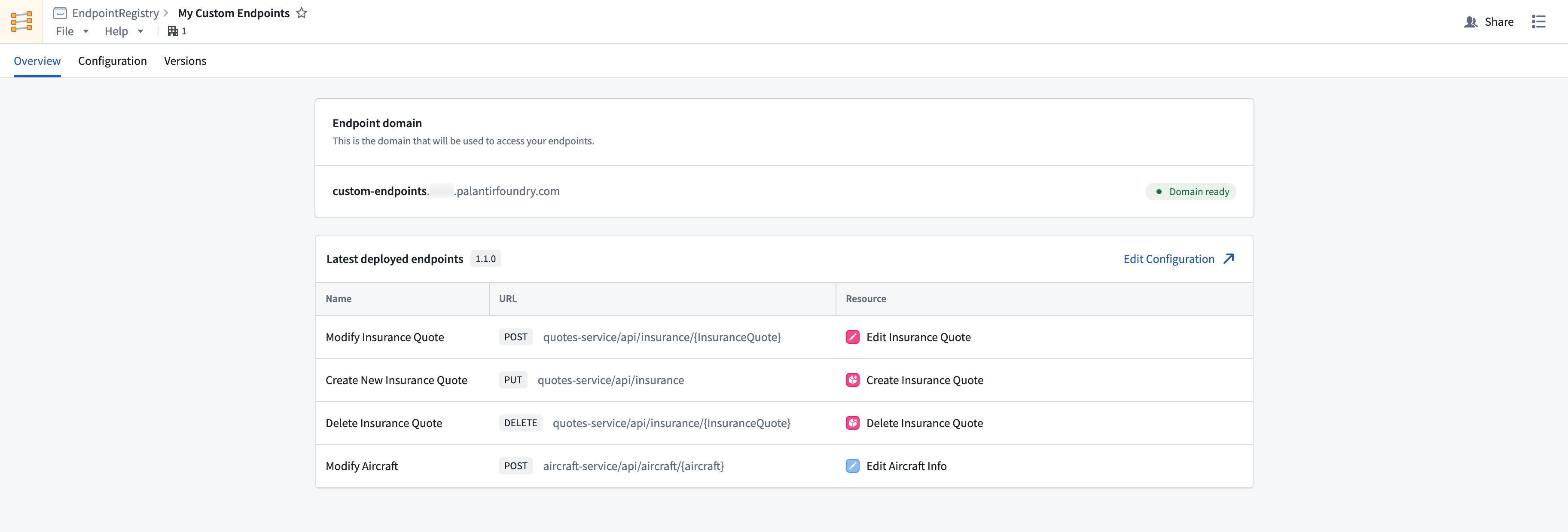 The Custom Endpoints application displaying deployed endpoints.