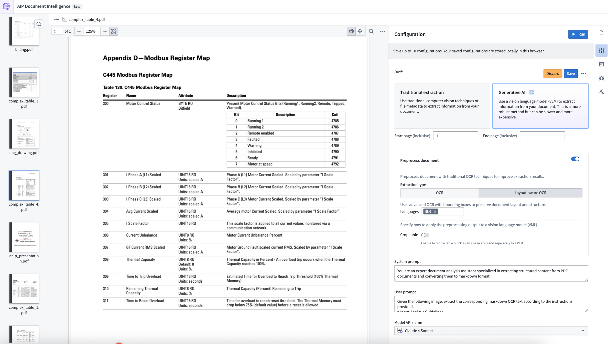 The AIP Document Intelligence application displaying the configuration page for document extraction.