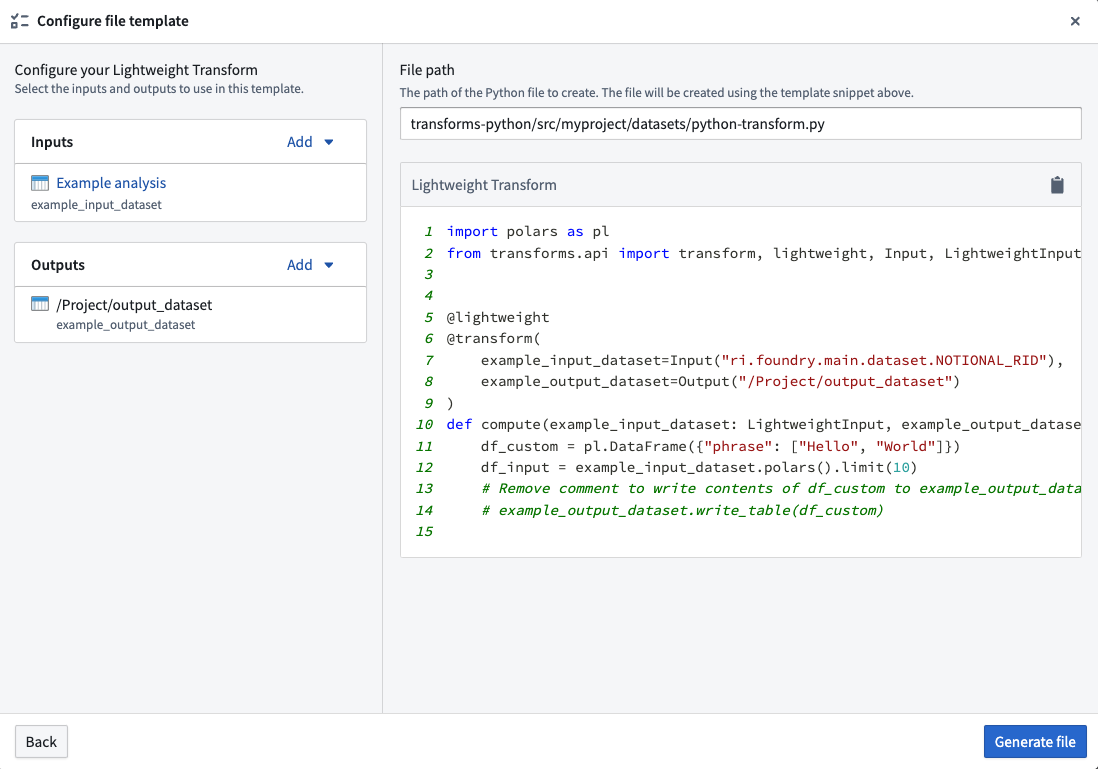 You can review the output transform code snippet immediately after supplying the file template wizard with inputs and outputs.