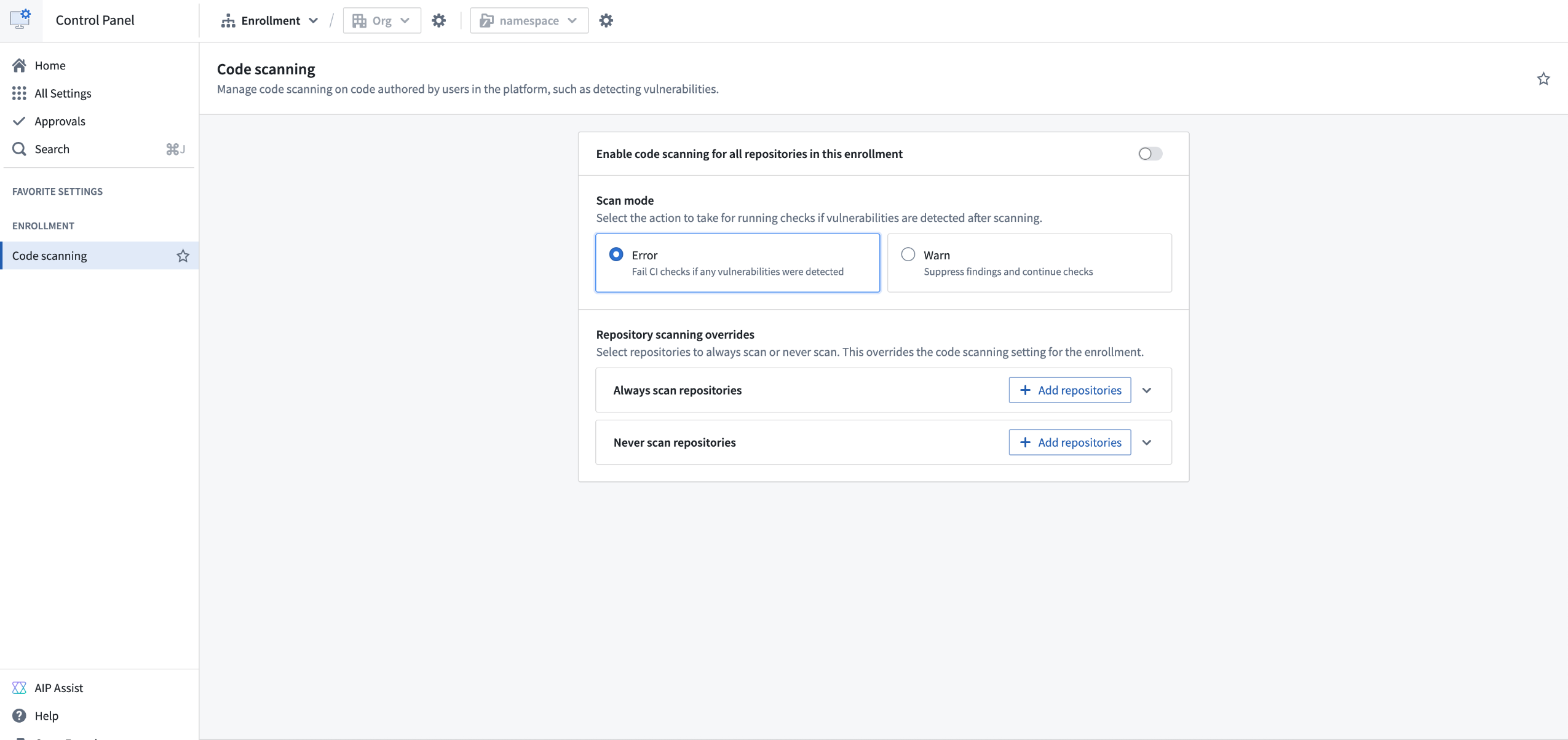 Navigate to the Code scanning page in Control Panel to manage code scanning for an enrollment.