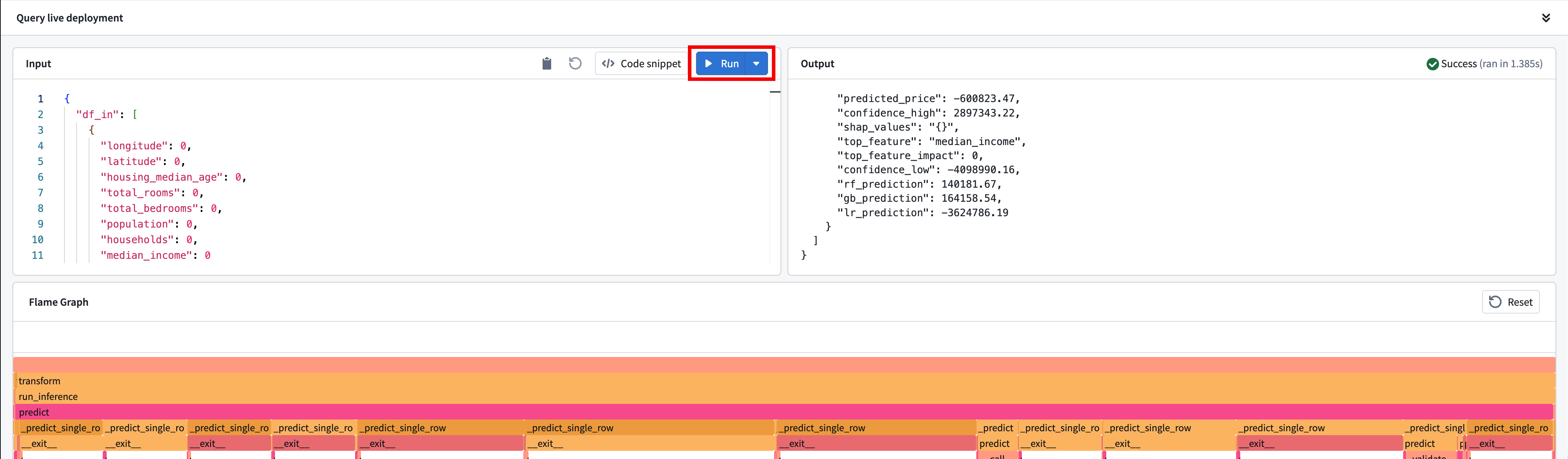 Debug a direct model deployment query with a flame graph.