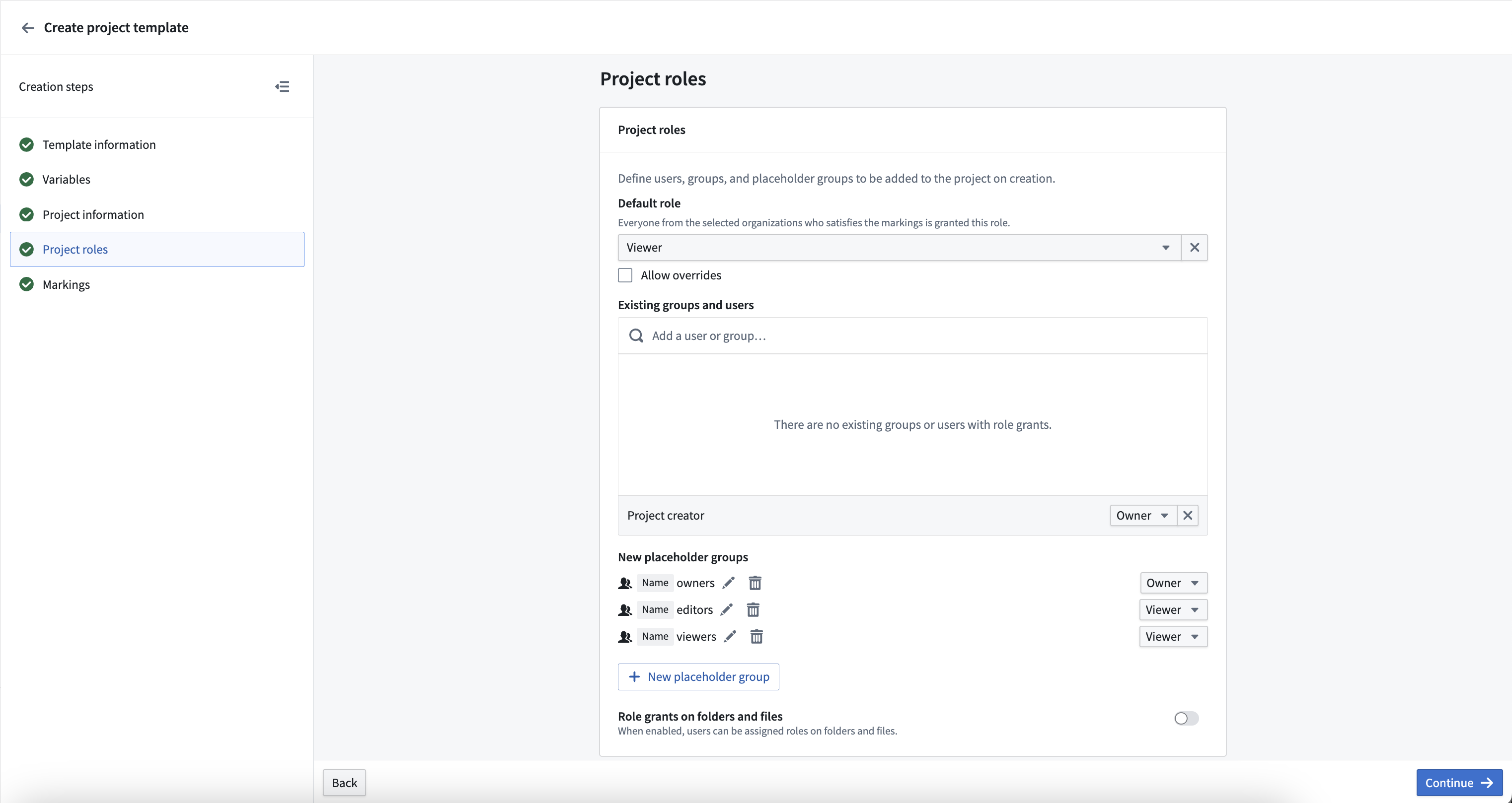 The "New group" option under the "Project roles" section during template creation.