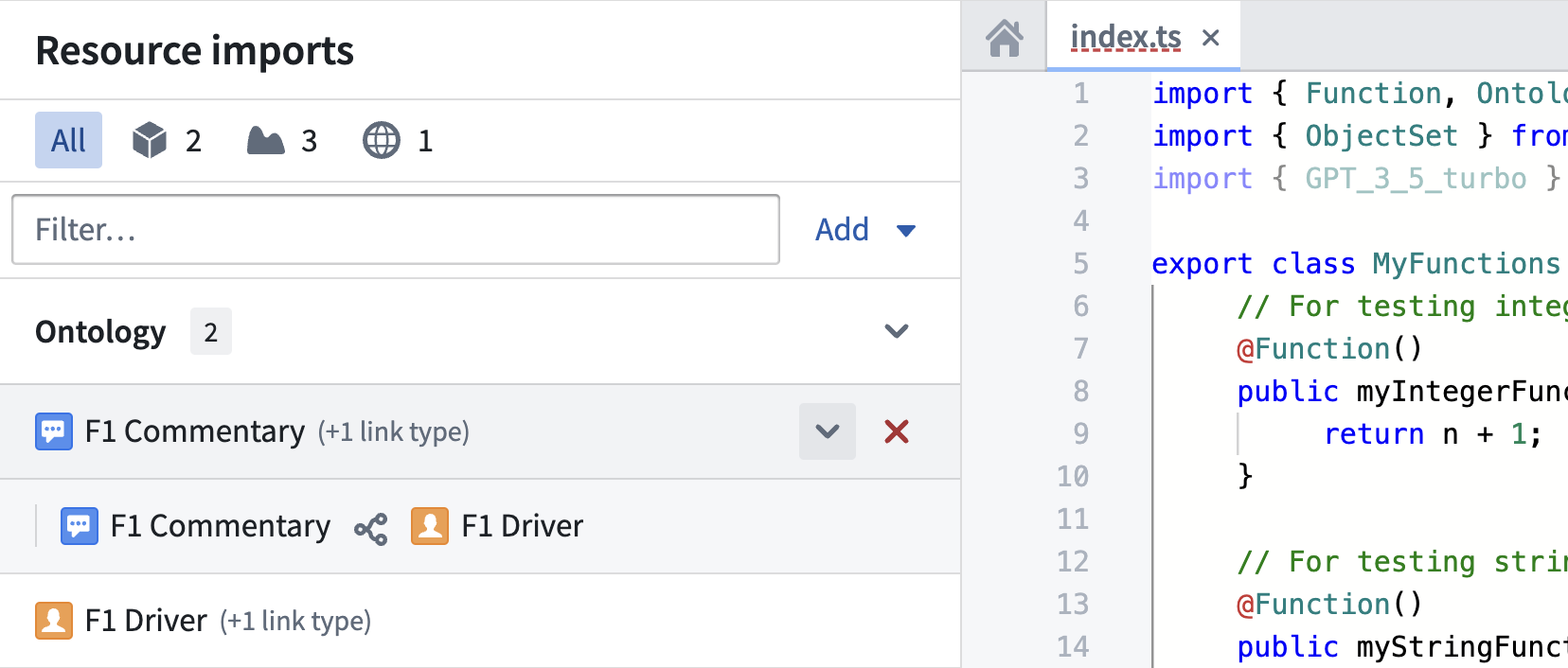 Resource Imports sidebar filter controls