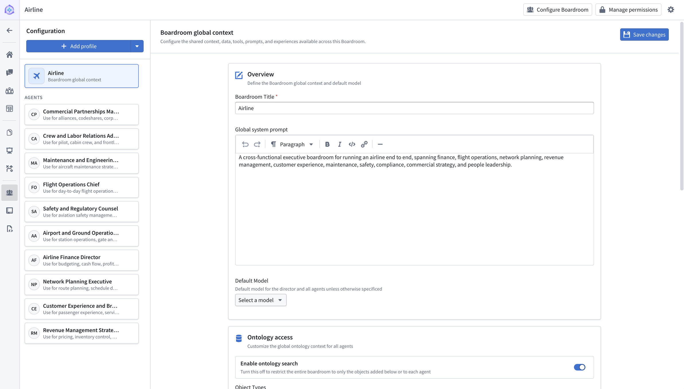 The configuration page for a boardroom displays the global system prompt, default model, Ontology access, and agent profiles.
