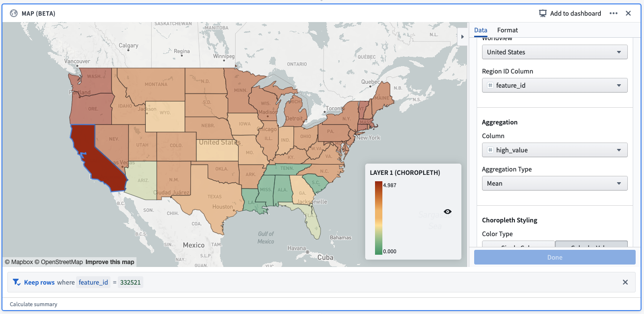 Example: A selection made on a Mapbox choropleth layer. The selection creates a filter, which reads: “Keep rows where feature_id = 332521”. feature_id is the column provided as the “Region ID column”, and 332521 is the Mapbox feature id corresponding to the selected shape (California).