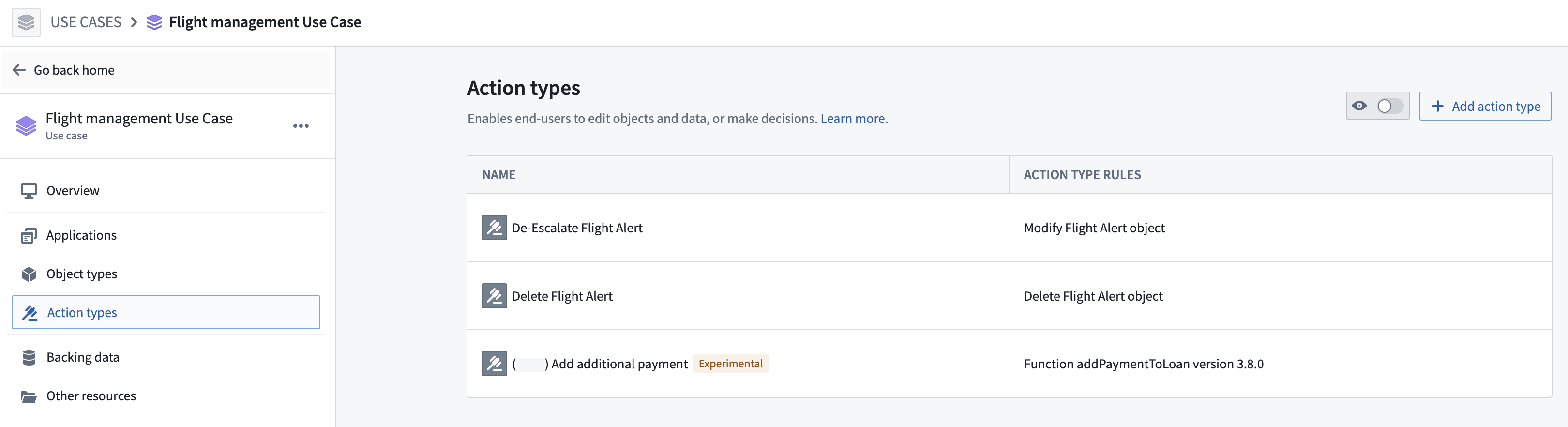 Example list of use case action types