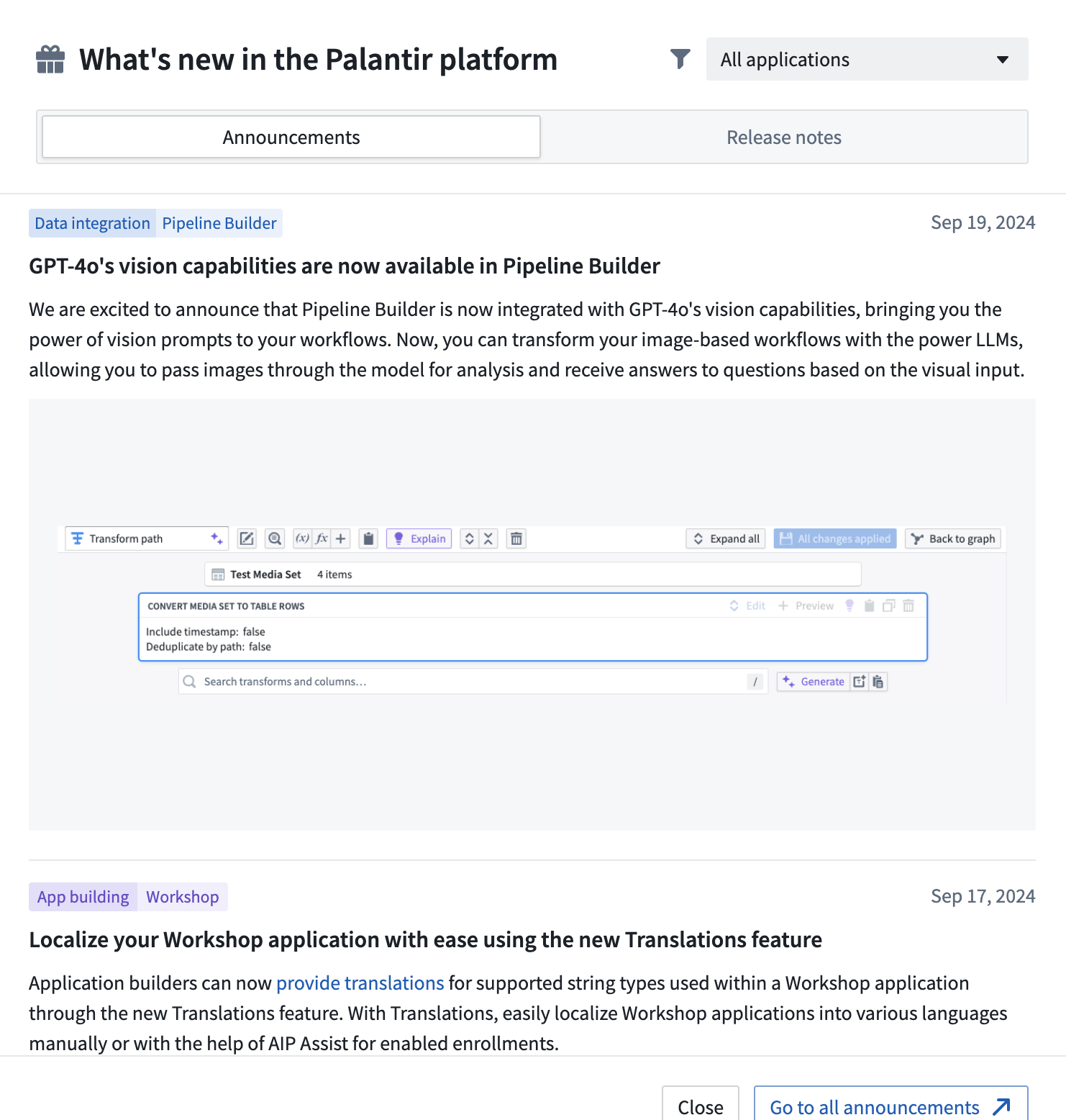 A screenshot of the What's new in the Palantir platform feature, enabling greater access to Announcements and Release notes.