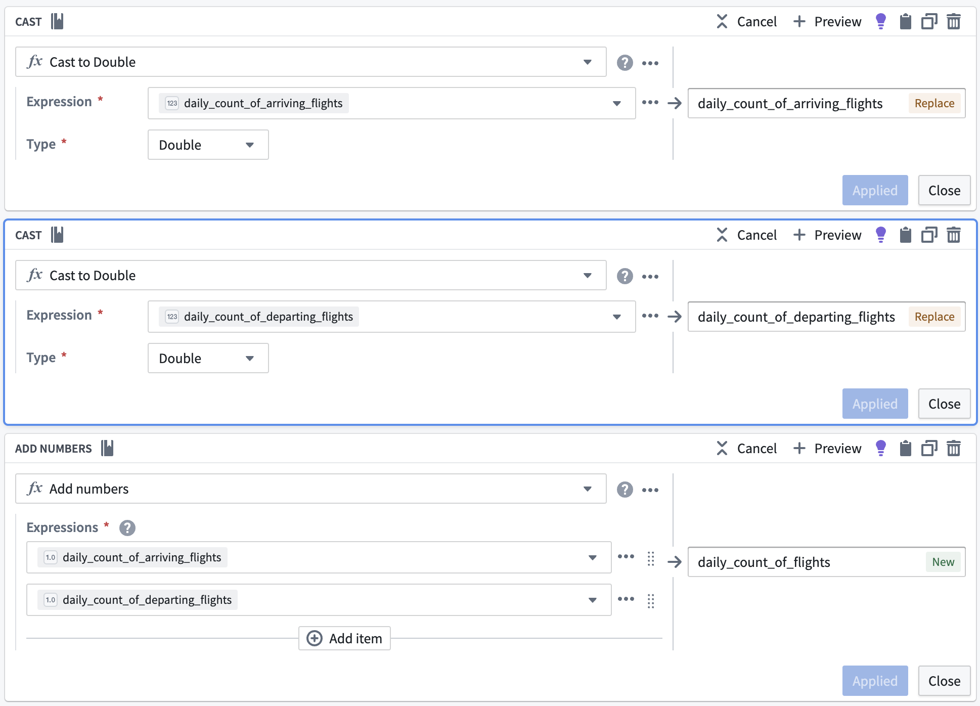 The cast and add numbers transform boards in Pipeline Builder