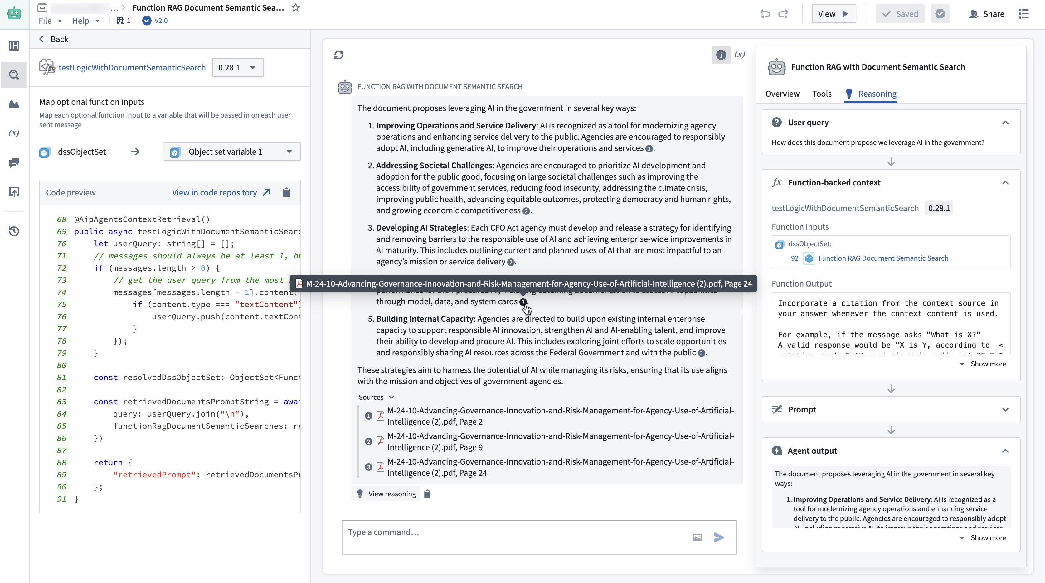 A screenshot of AIP Chatbot Studio with function-backed context configured to return custom document citations.