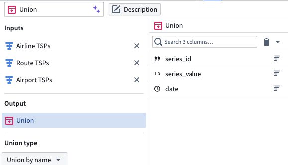The union board in Pipeline Builder, configured to union the three TSP property sets by name